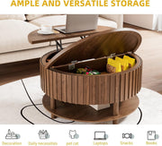 Limaoaio Round Lift Top Coffee Table with Storage, Mid Century Modern 2-Tier Circle Coffee Table with Hidden Compartment & Open Shelf, Fluted Wood Center Table for Living Room, Walnut