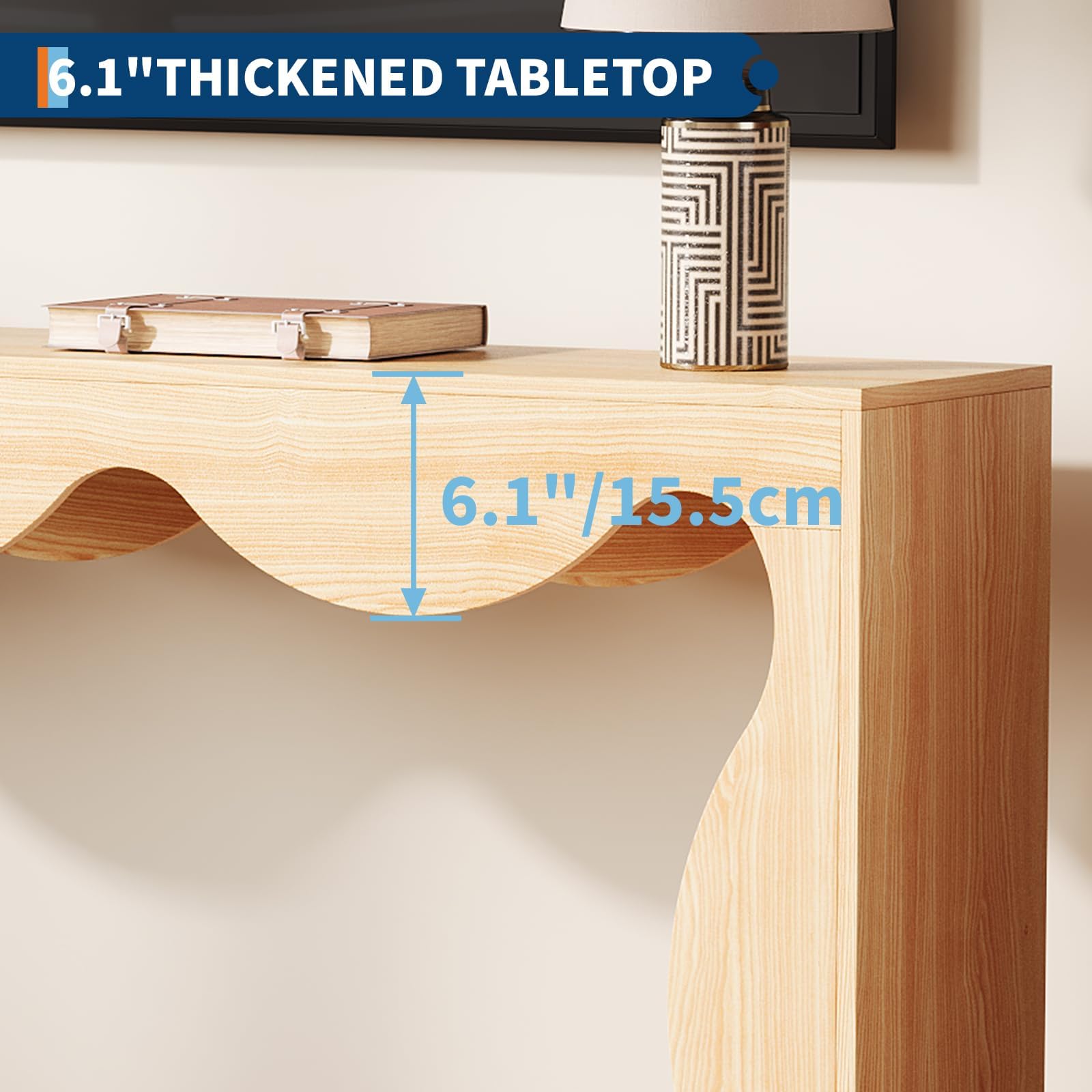 63" Rustic Scalloped Entryway Console Table, Narrow Wood Sofa Table with Storage for Behind Couch, Living Room, Hallway & Apartments, Natural