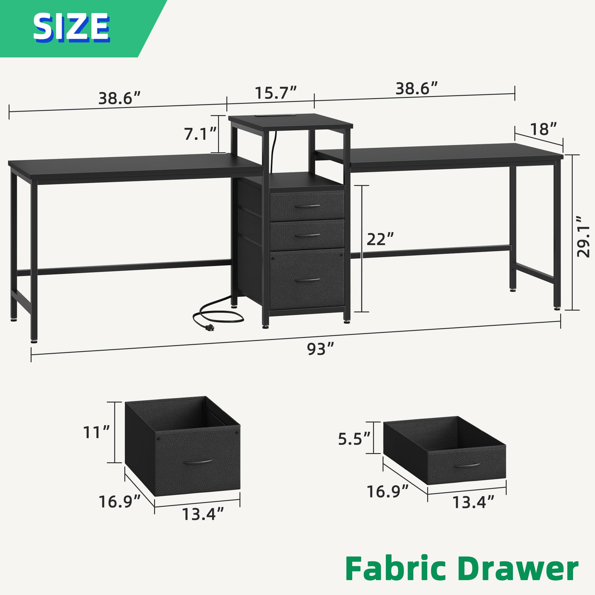 93" Two-Person Desk with Charging Station & 3 Drawers