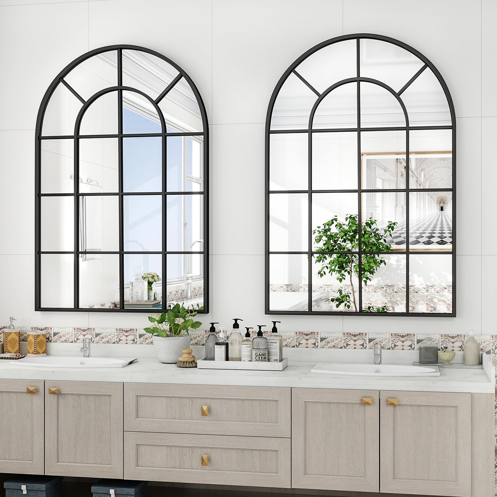 Arched Grid Wall Mirror with Metal Frame
