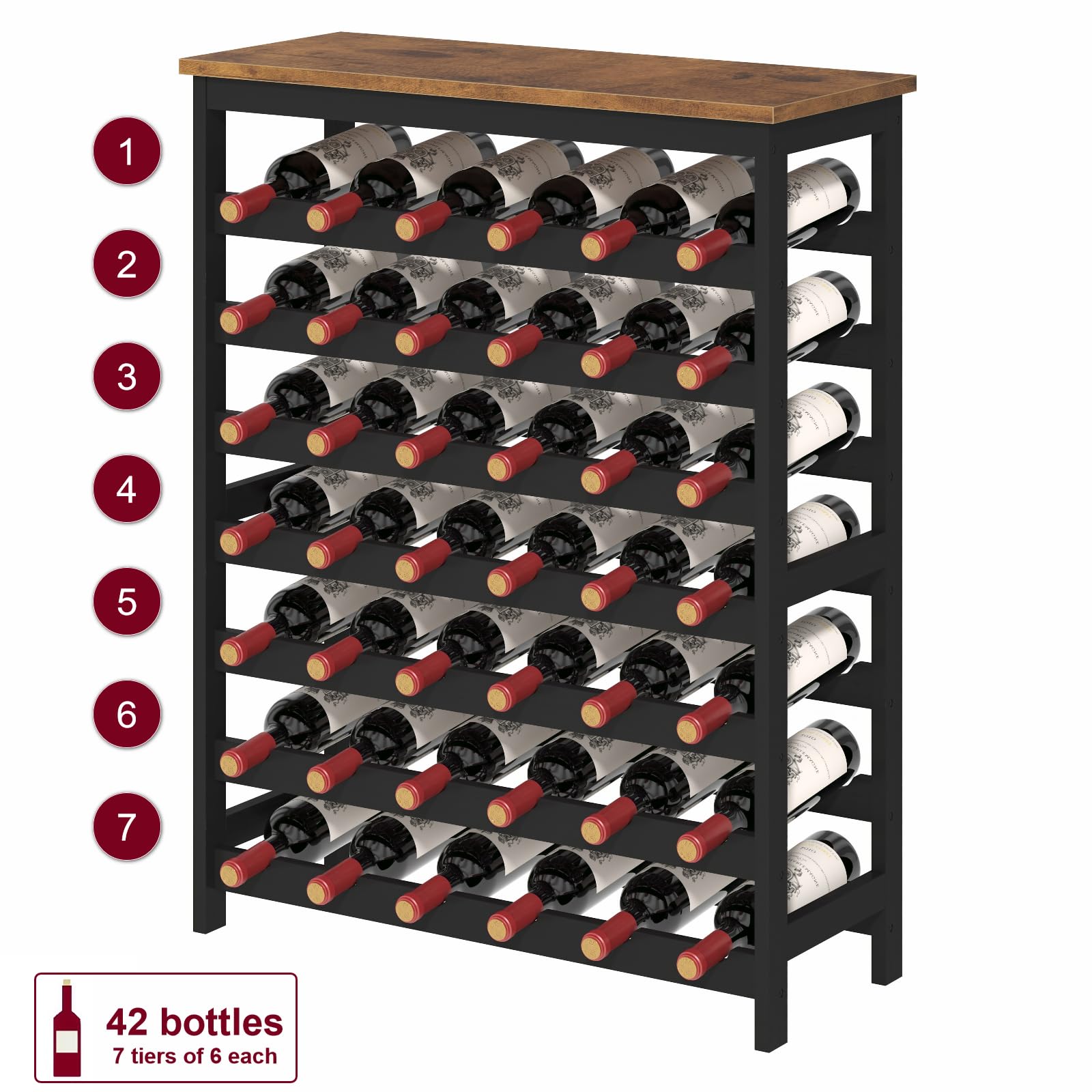Cabonpanel 42 Bottles Bamboo Wine Rack Freestanding Floor, 7-Tier Wine Storage Shelf with Table Top, Wine Display Holder for Kitchen Pantry Bar Cellar, Rustic Brown and Black