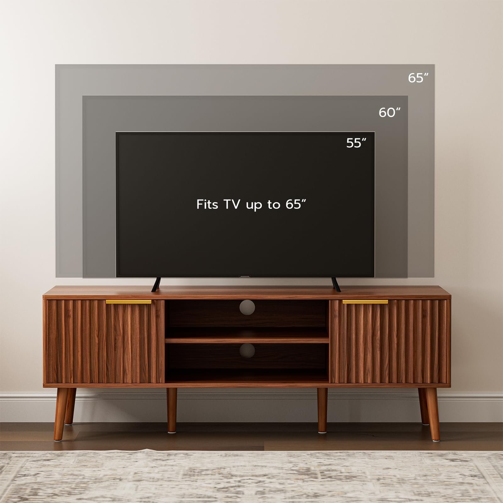 Mid-Century TV Stand with Fluted Door Cabinets