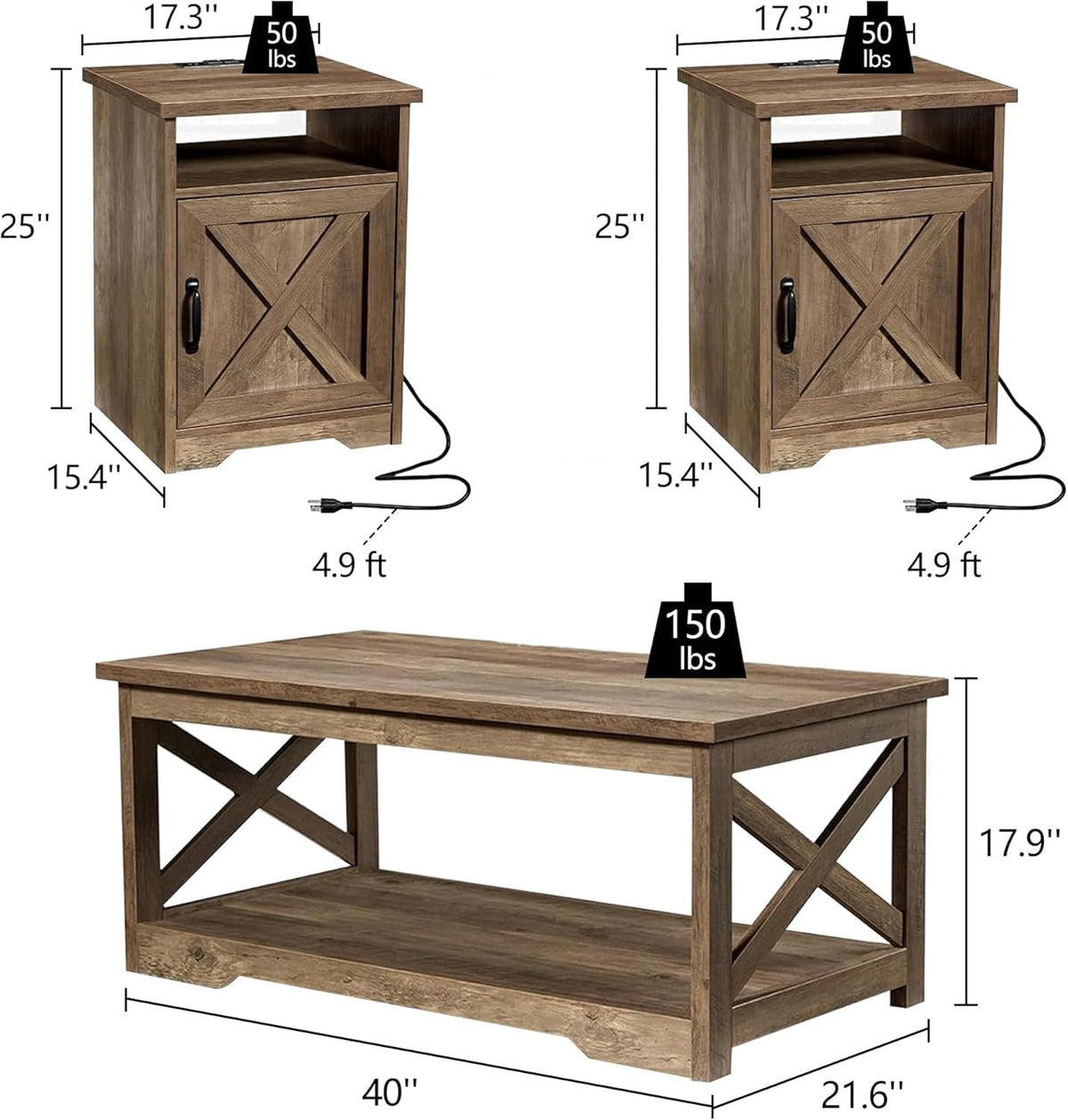 LUXOAK 3 Piece Living Room Table Set with Barn Door, Barnwood