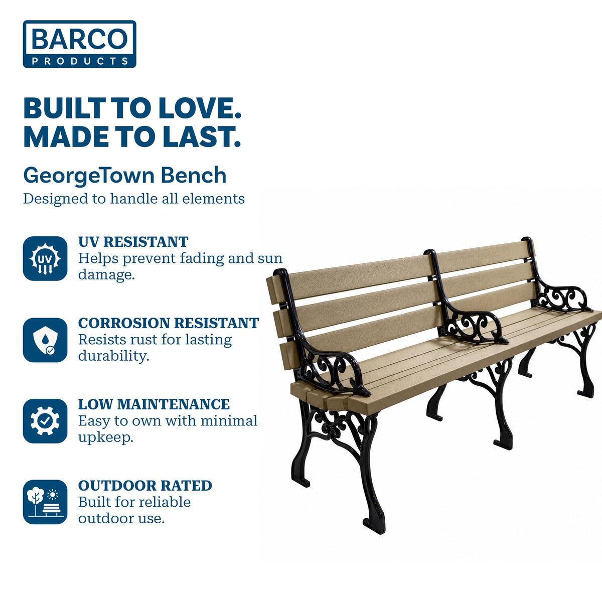 Barco Products Georgetown 6 Ft Outdoor Park Bench with Arms, Cedar