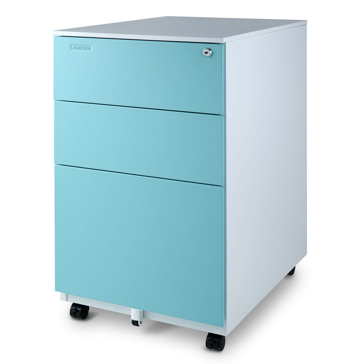Aurora Mobile File Cabinet 3-Drawer Metal with Lock Key Sliding Drawer, White/Aqua Blue, Fully Assembled, Ready to Use