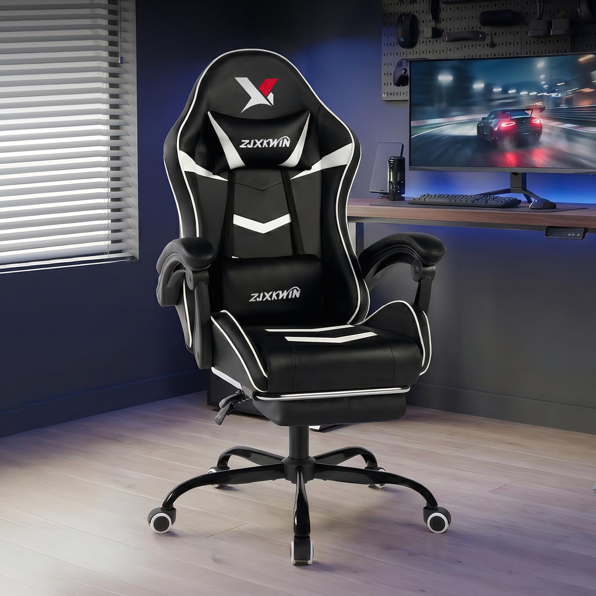 Small Gaming Chair Black and White, Comfortable Gaming Chair with Footrest