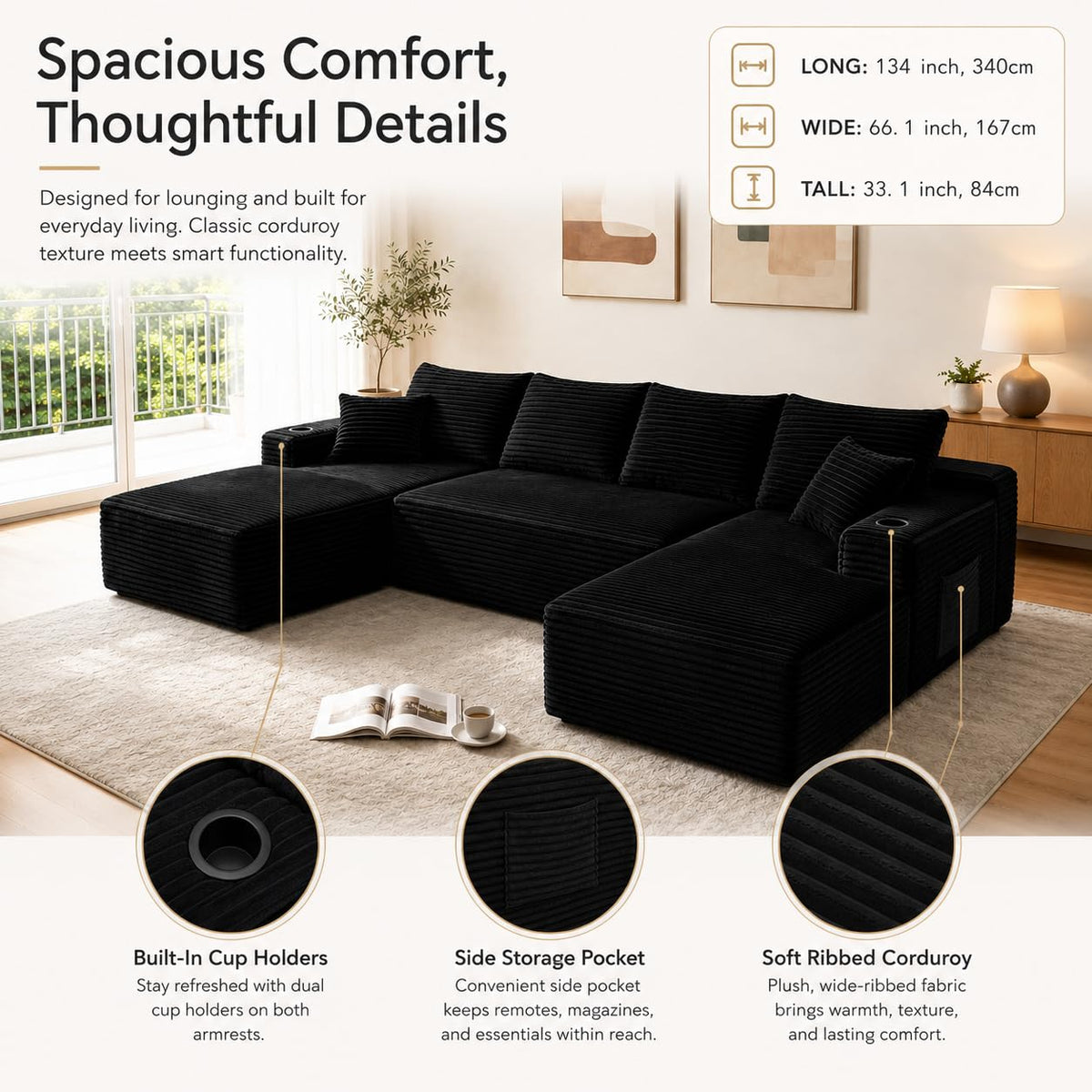 134" U-Shaped Boneless Couch,Modular Sectional Sofa with Foam Springs,Black