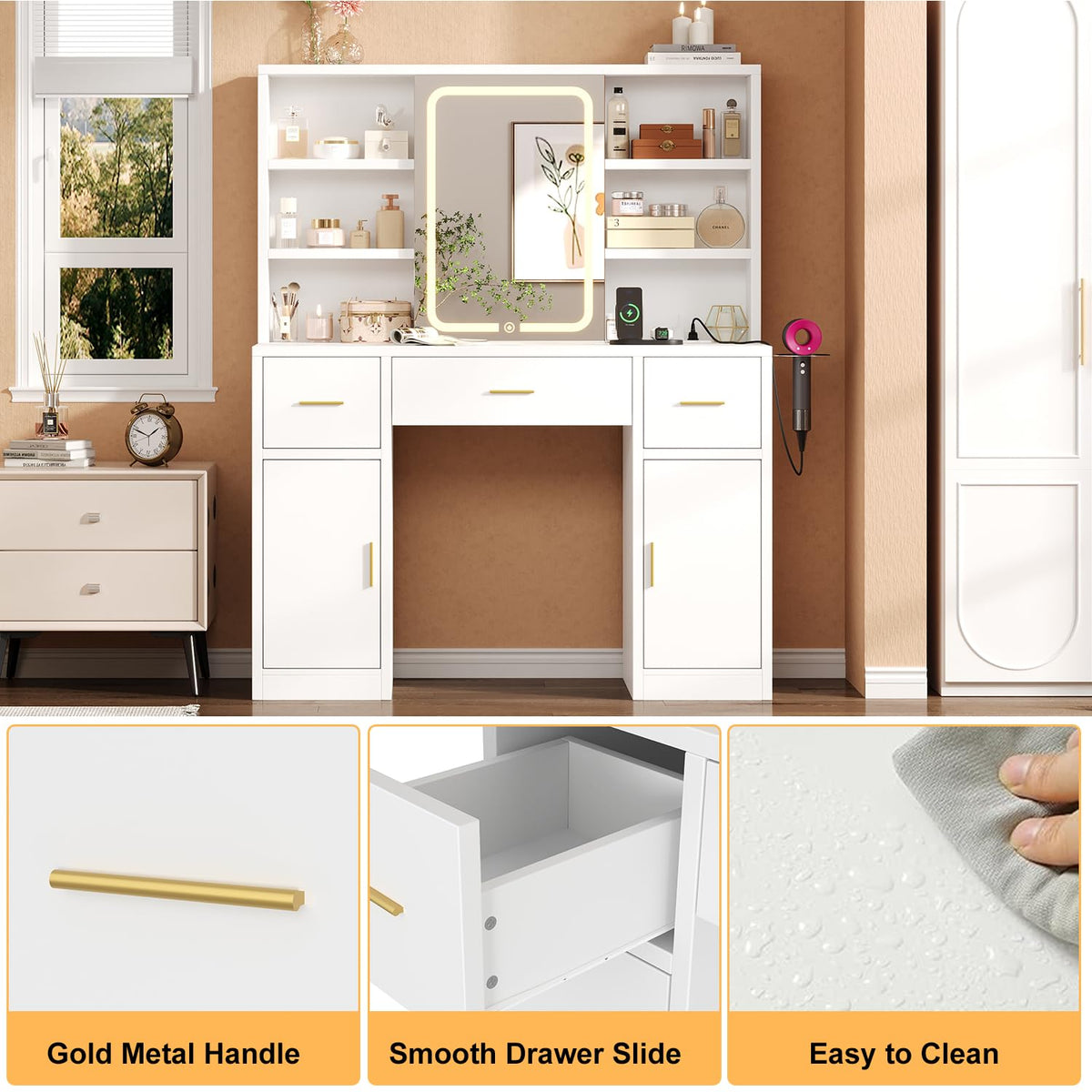 knoworld Vanity Desk with Sliding Mirror & LED Lights, Smart Makeup Table with Charging Station, Hairdryer Holder, 7 Shelves, 3 Drawers, 2 Cabinets, Vanity with Extra Hidden Stroage for Bedroom,White