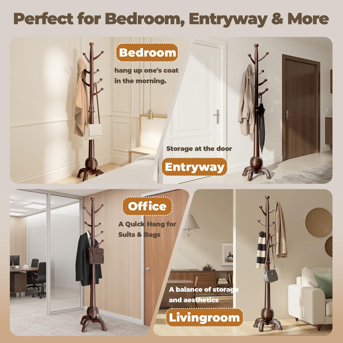 8-Hook Solid Wood Coat Rack