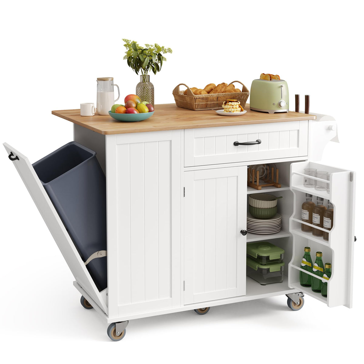 Ahomly Kitchen Island with Storage, 44.49" W, White