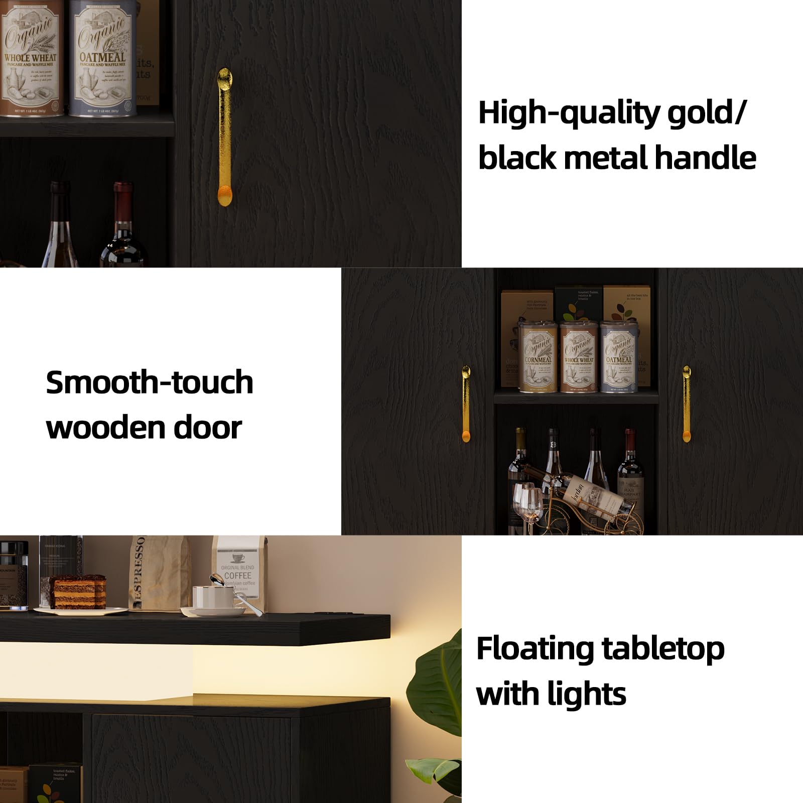 4 EVER WINNER Coffee Bar Cabinet with LED, Sideboard Buffet Cabinet with Storage, Coffee Station Cabinet with Charging Station, Black Coffee Bar for Kitchen, Dining Room