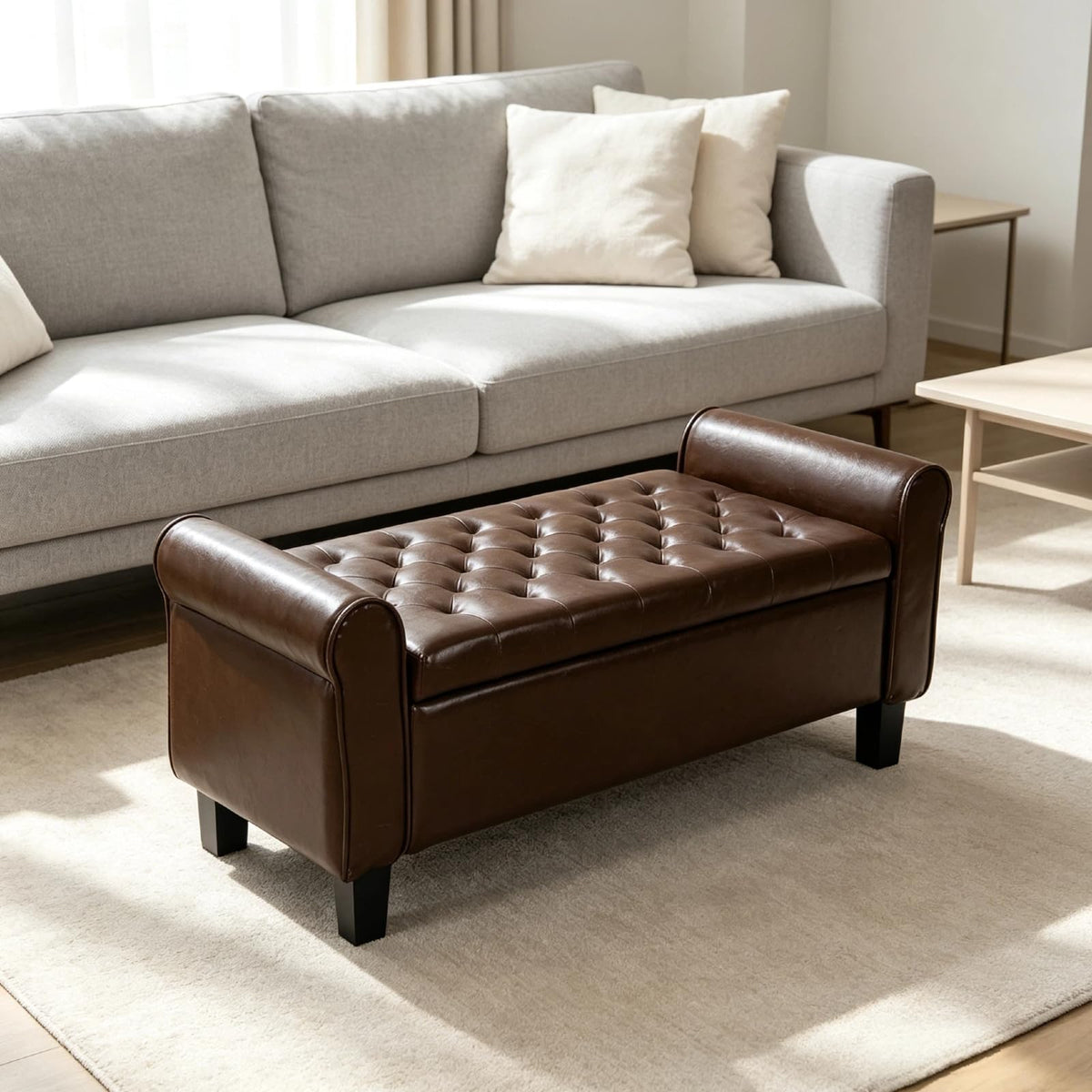 51 Inch Brown Faux Leather Storage Ottoman Bench with Rolled Armrests