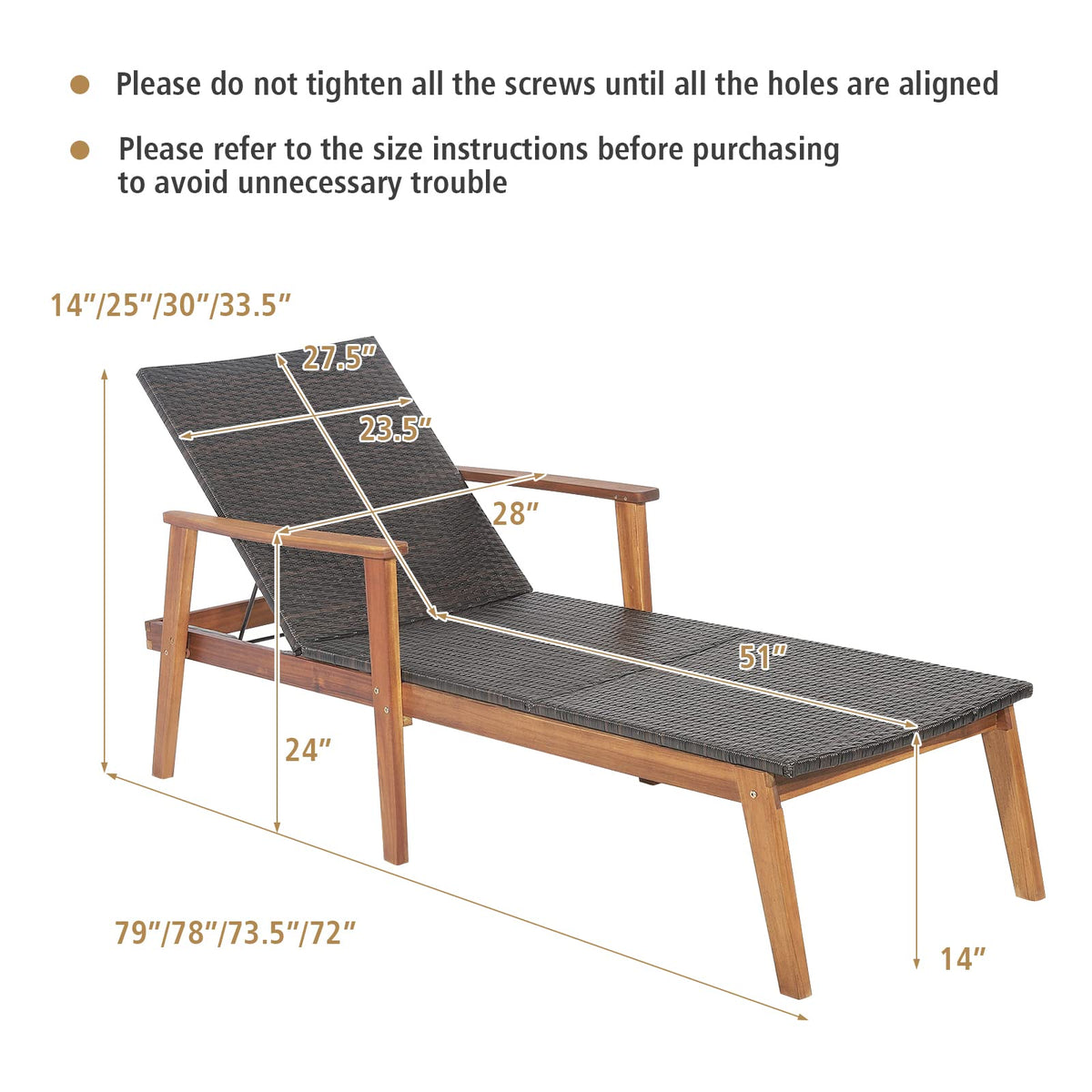 Tangkula Patio Lounge Chair, 4-Position Adjustable Recliner with Fully Flat Position, Outdoor PE Wicker Chaise Lounge with Acacia Wood Frame for Backyard, 800 LBS Max Load (Mix Brown, 2 Pack)