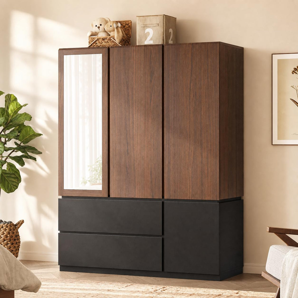 3-Door Mirrored Wardrobe with Drawers