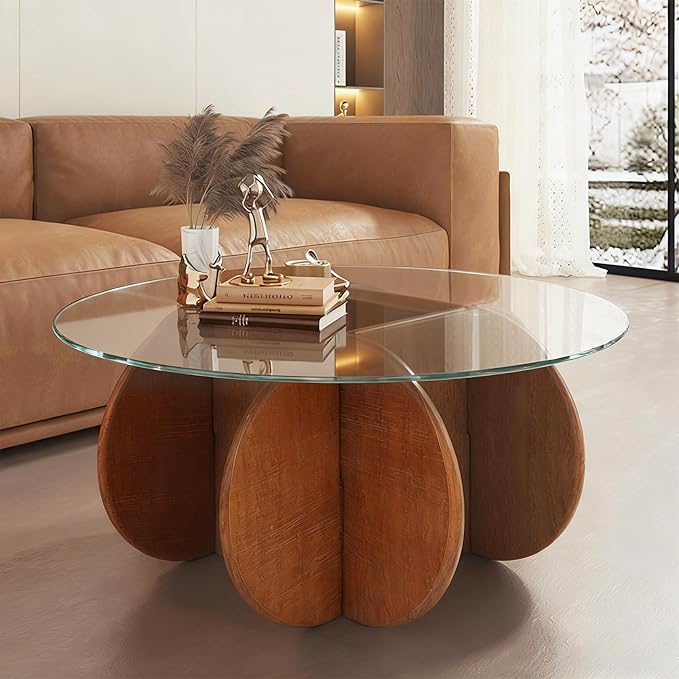 Round Glass Coffee Table with Wood Legs