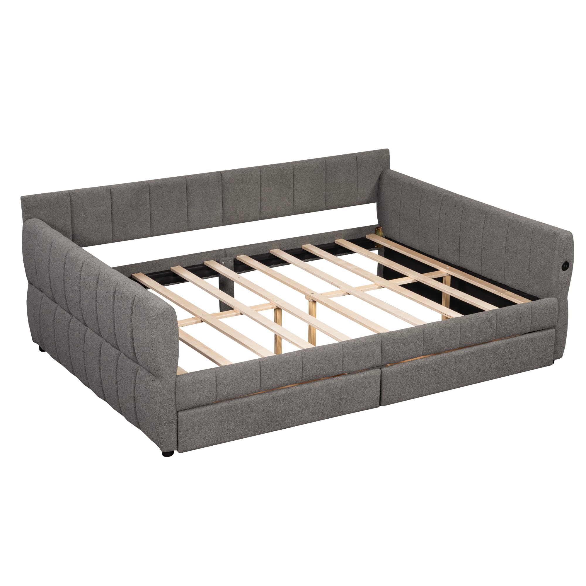 GDFStudio Queen Size Upholstered Platform Bed Frame with USB Ports & 2 Storage Drawers, Modern Sherpa Fabric Daybed Frame with Armrests, and Wooden Slats, No Box Spring Required, Gray