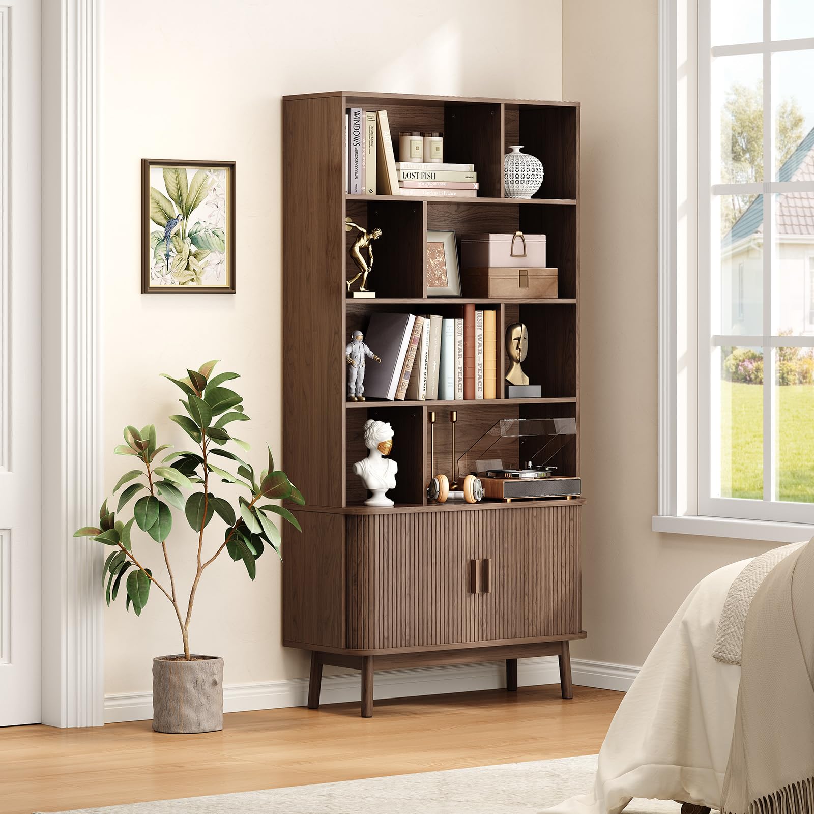 ONBRILL 71" Tall 8-Cube Storage Bookshelf, 35.4" Wide Mid-Century Modern Bookcase with Sliding Door Storage Cabinet, Freestanding Bookshelf with Solid Wood Feet, for Home Office, Living Room, Walnut
