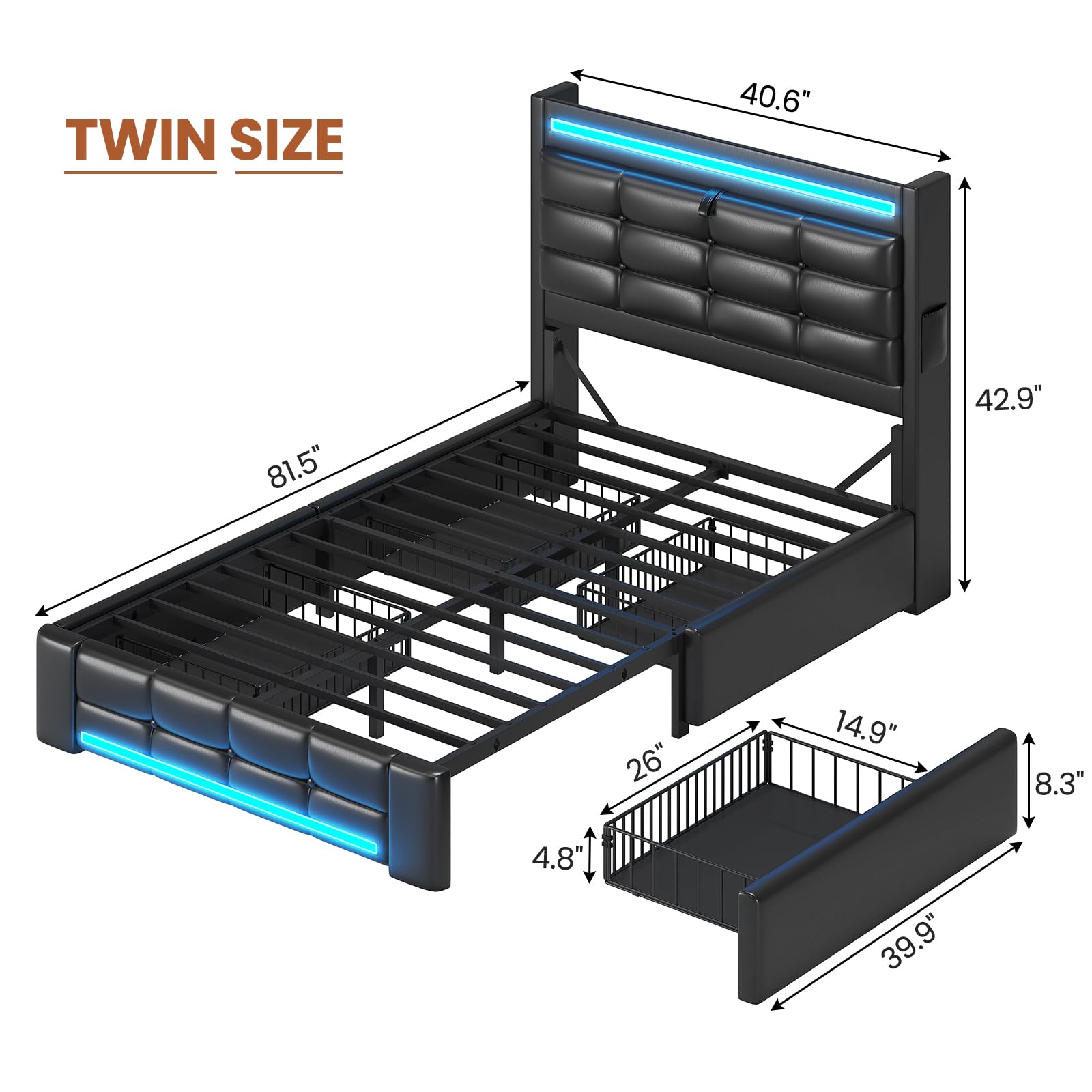 ADORNEVE Twin Bed Frames with Storage Headboard & 4 Drawers, LED Bed Frame with Charging Station, Upholstered Twin Size Platform Bed for Kids, No Box Spring Needed, Black PU