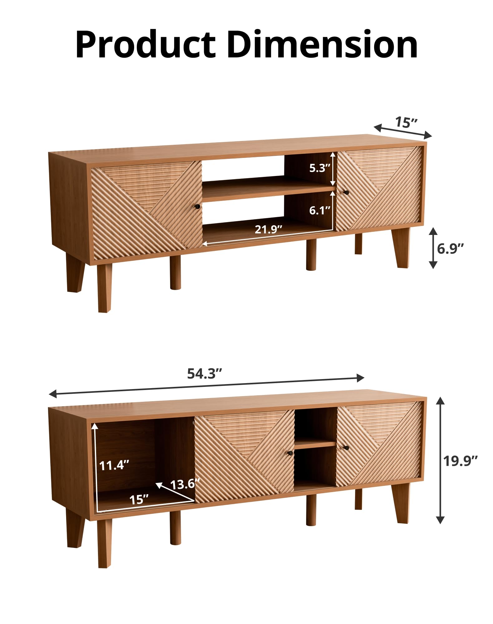 Mid-Century Modern TV Stand with Fluted Door Cabinets