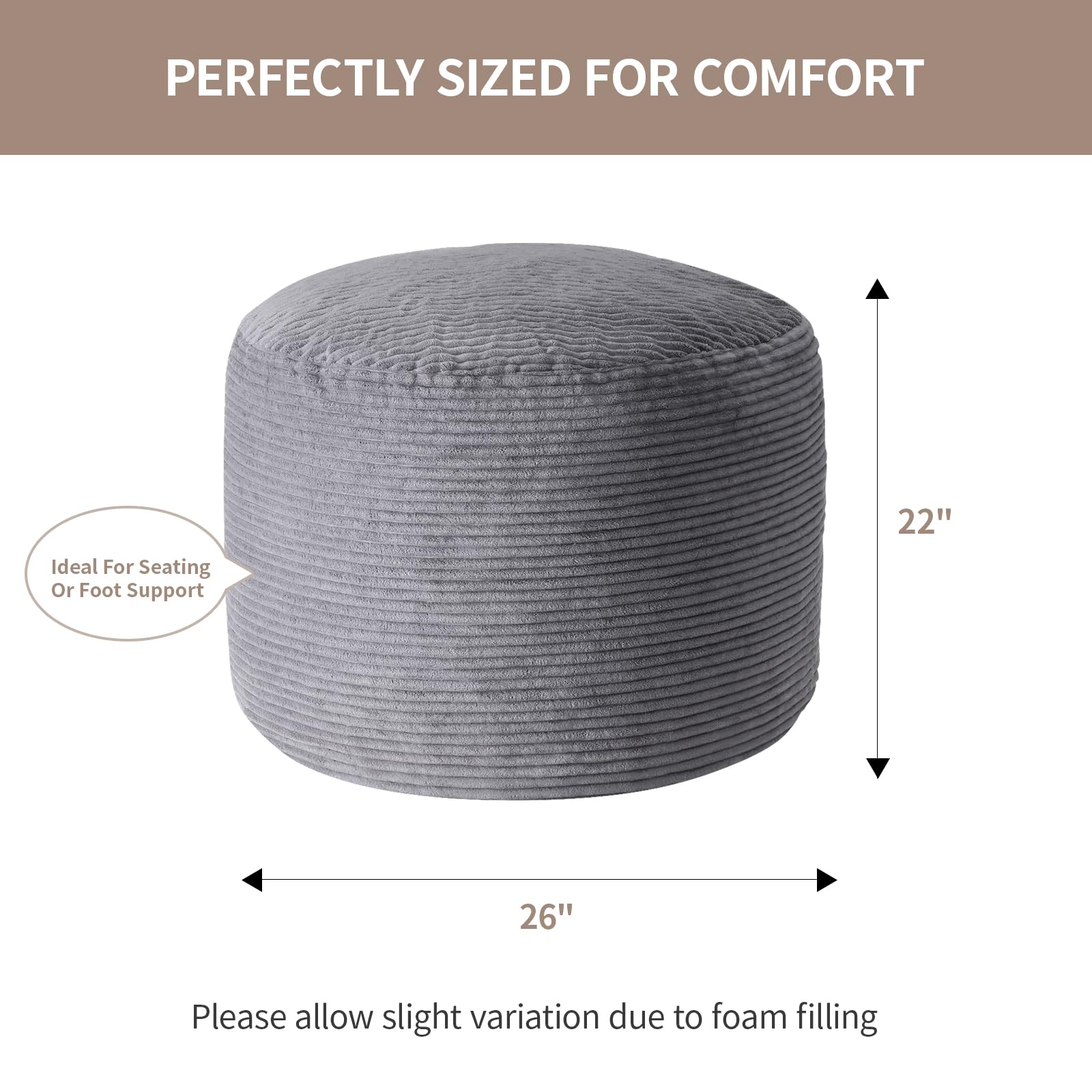 Large Corduroy Pouf Ottoman with Memory Foam Filling