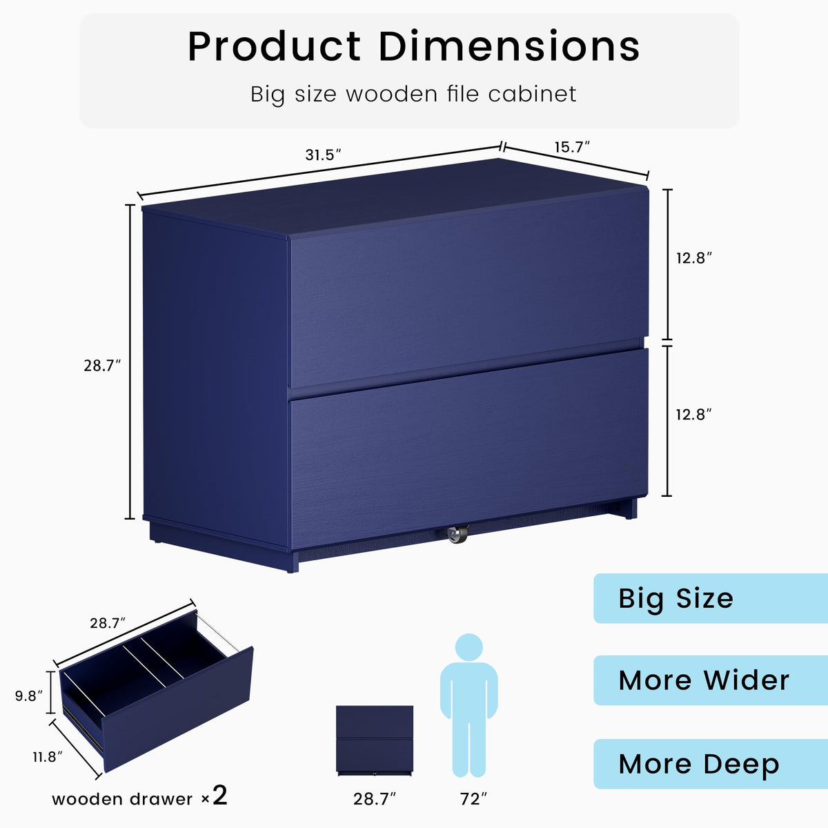 ModernMate 31.5" Lateral Wood Filing Cabinet with 2 Large Drawers, Blue