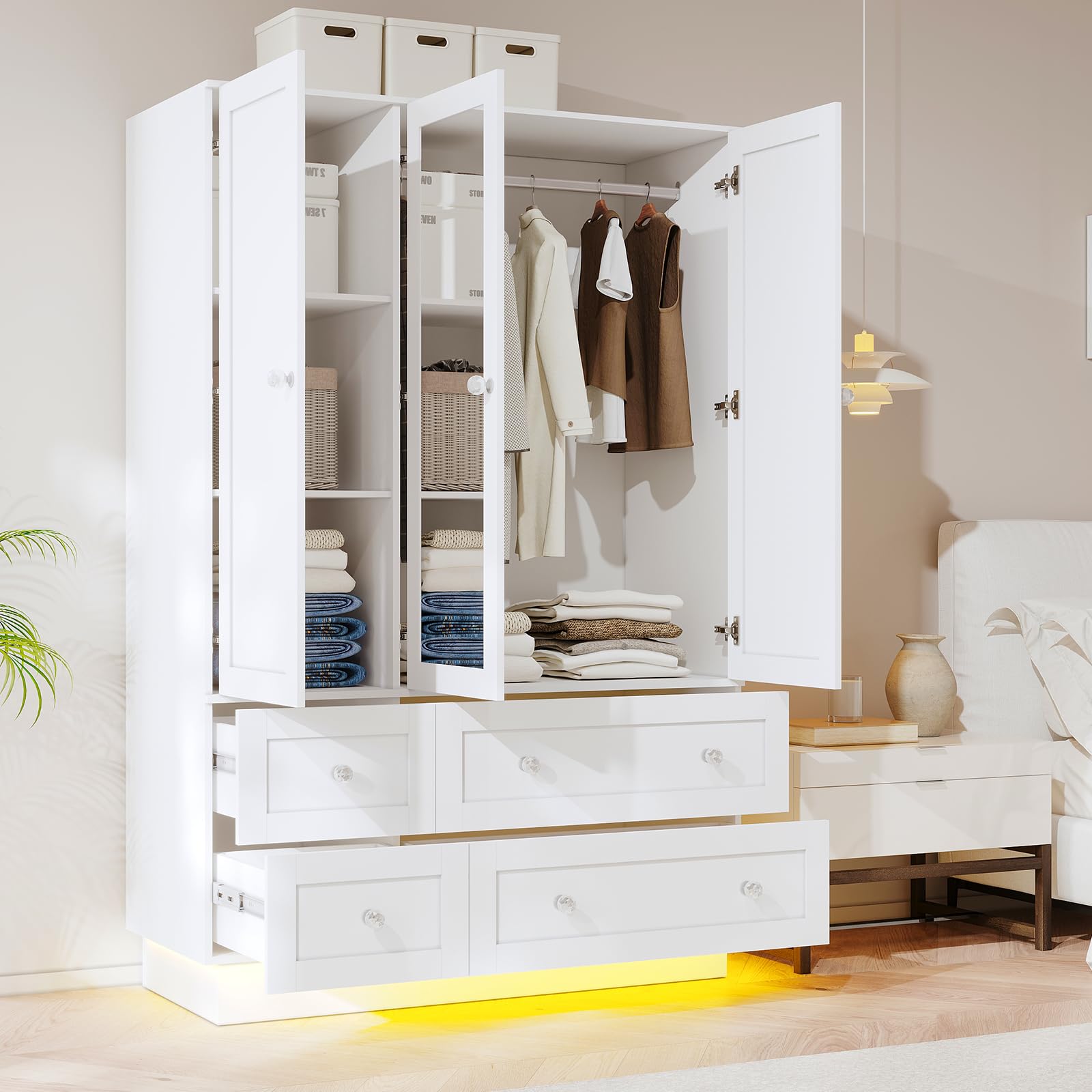Wardrobe Closet with Mirror, LED Light & 4 Drawers
