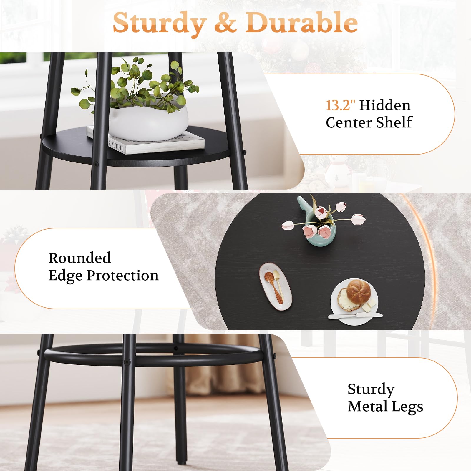 Round Bar Table & 2 Stools Set with Storage