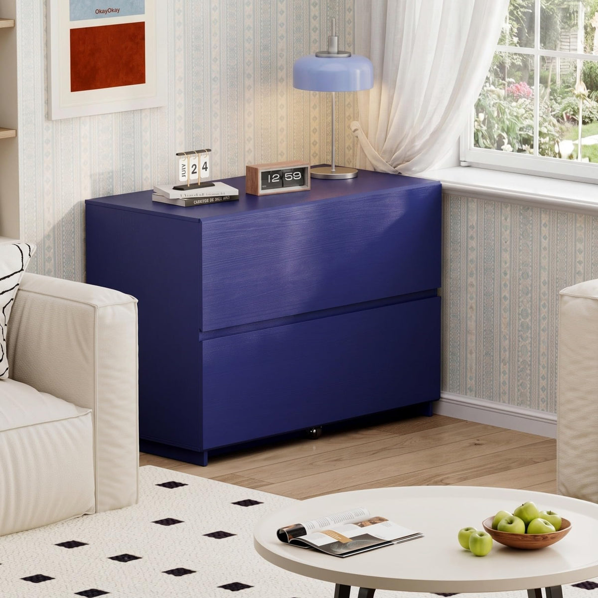ModernMate 31.5" Lateral Wood Filing Cabinet with 2 Large Drawers, Blue