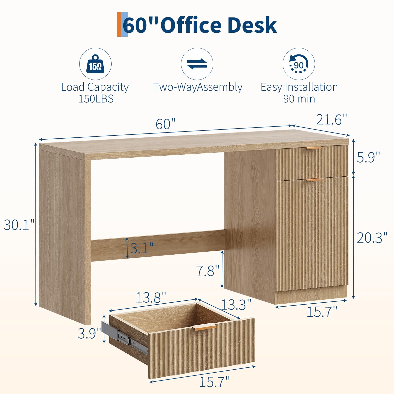 60" Fluted Executive Desk with Storage Cabinet