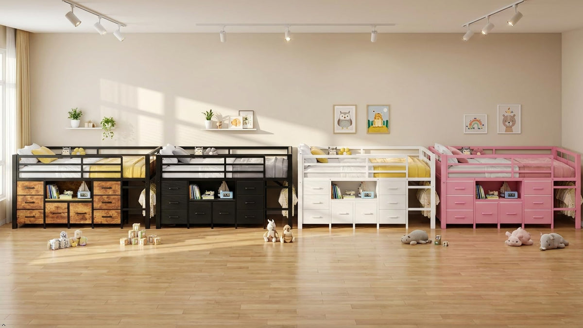 Feonase Low Loft Bed Twin Size with 8 Storage Drawers, Twin Loft Bed with Bookcase, Metal Kids Loft Bed with 13" H Safety Guardrail, Under-Bed Play Space and Play Curtain for Kids, Rustic Brown