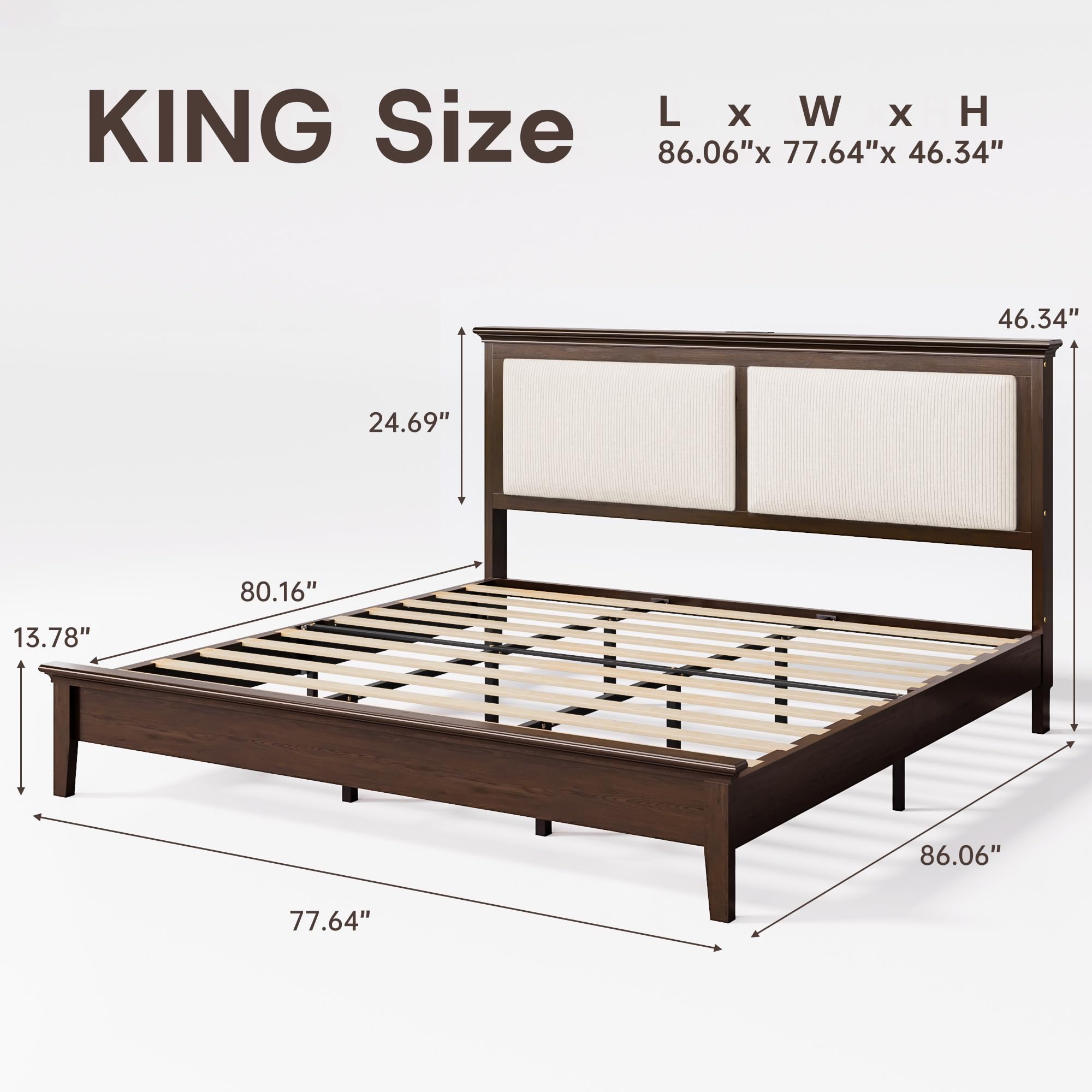 Lifezone Queen Bed Frame with Headboard, Solid Wood Bed Frame Queen Size with Charging Station & RGB LED, Wood Slats Support, Noise-Free, Sturdy Structure, Easy Assembly, Walnut