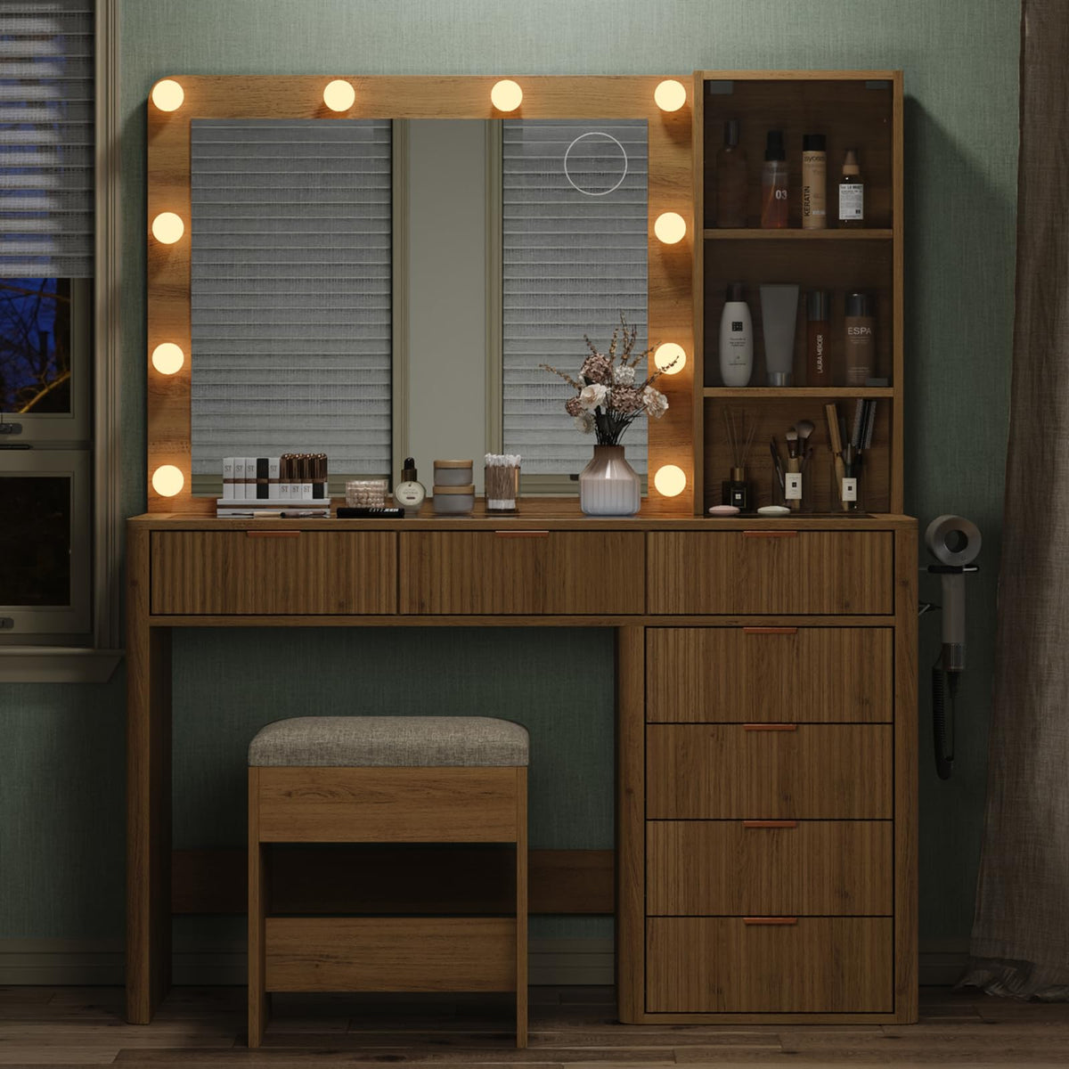 Fluted Makeup Vanity with LED Mirror