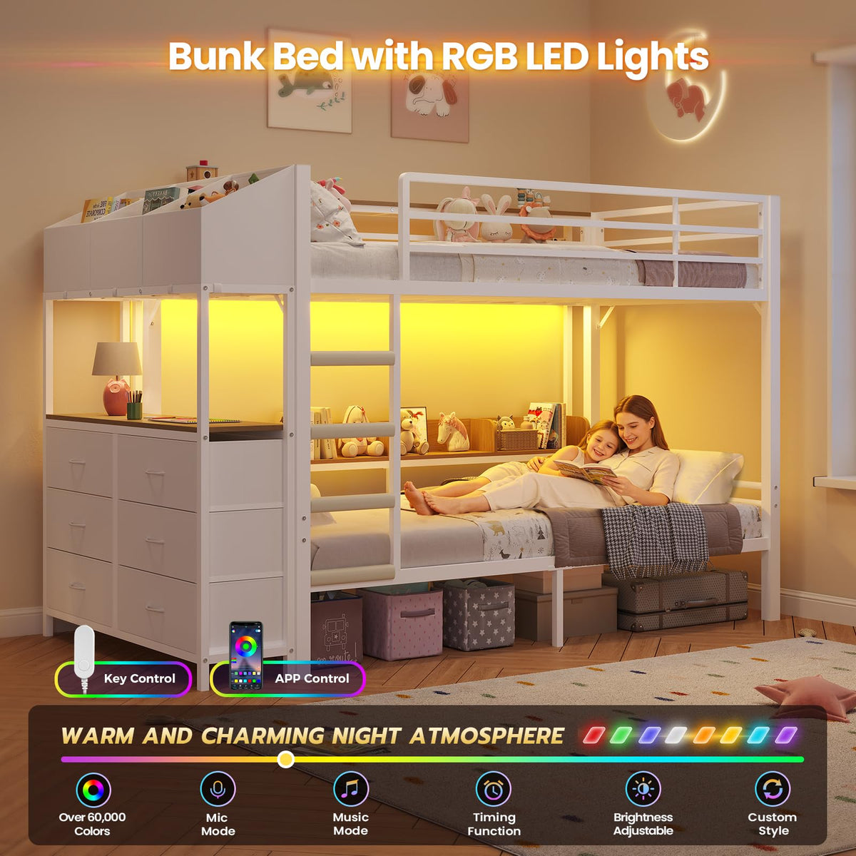 Twin Over Twin Bunk Bed with Storage & LED Lights