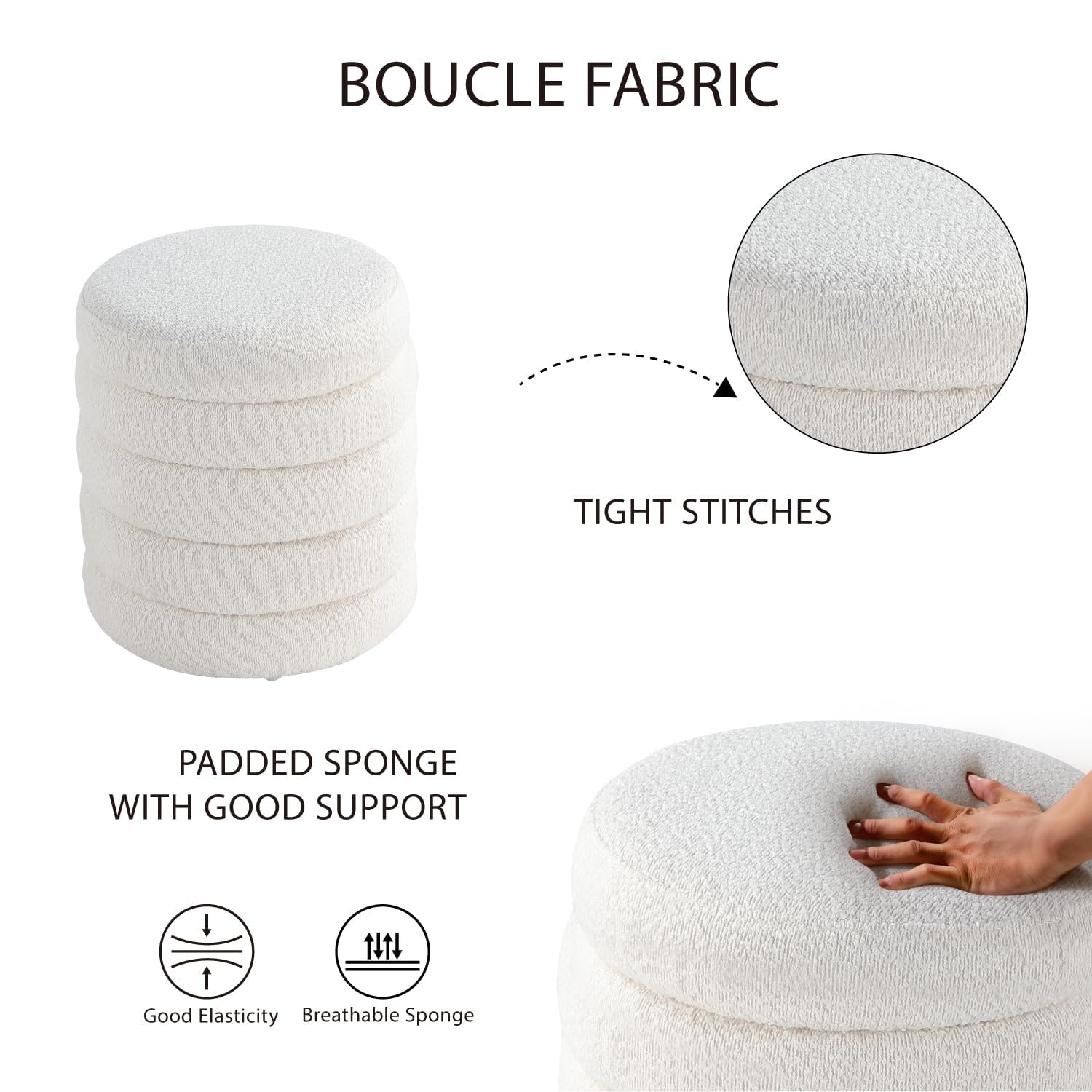 Get Set Style Modern Round Ottoman with Soft Padded Seat, Storage Vanity Chairs for Makeup, Upholstered Footrest Stool Ottoman Foot Stool for Living Room, Bedroom