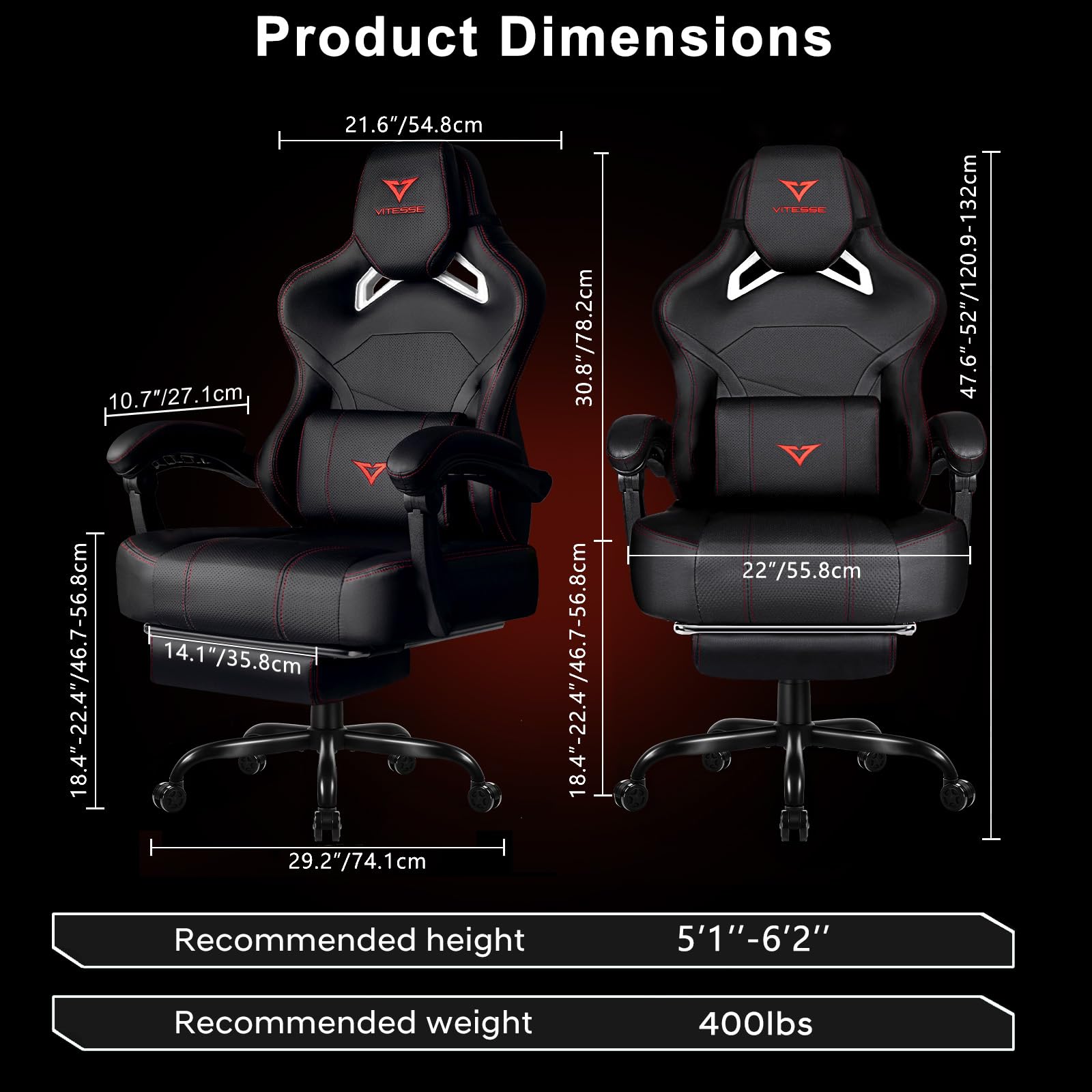 VITESSE Big and Tall Gaming Chair 400lb Capacity with Footrest, Racing-Style High Back Video Game Chair for Adults, PU Leather Computer Chair with Oversized Headrest for Gaming and Work