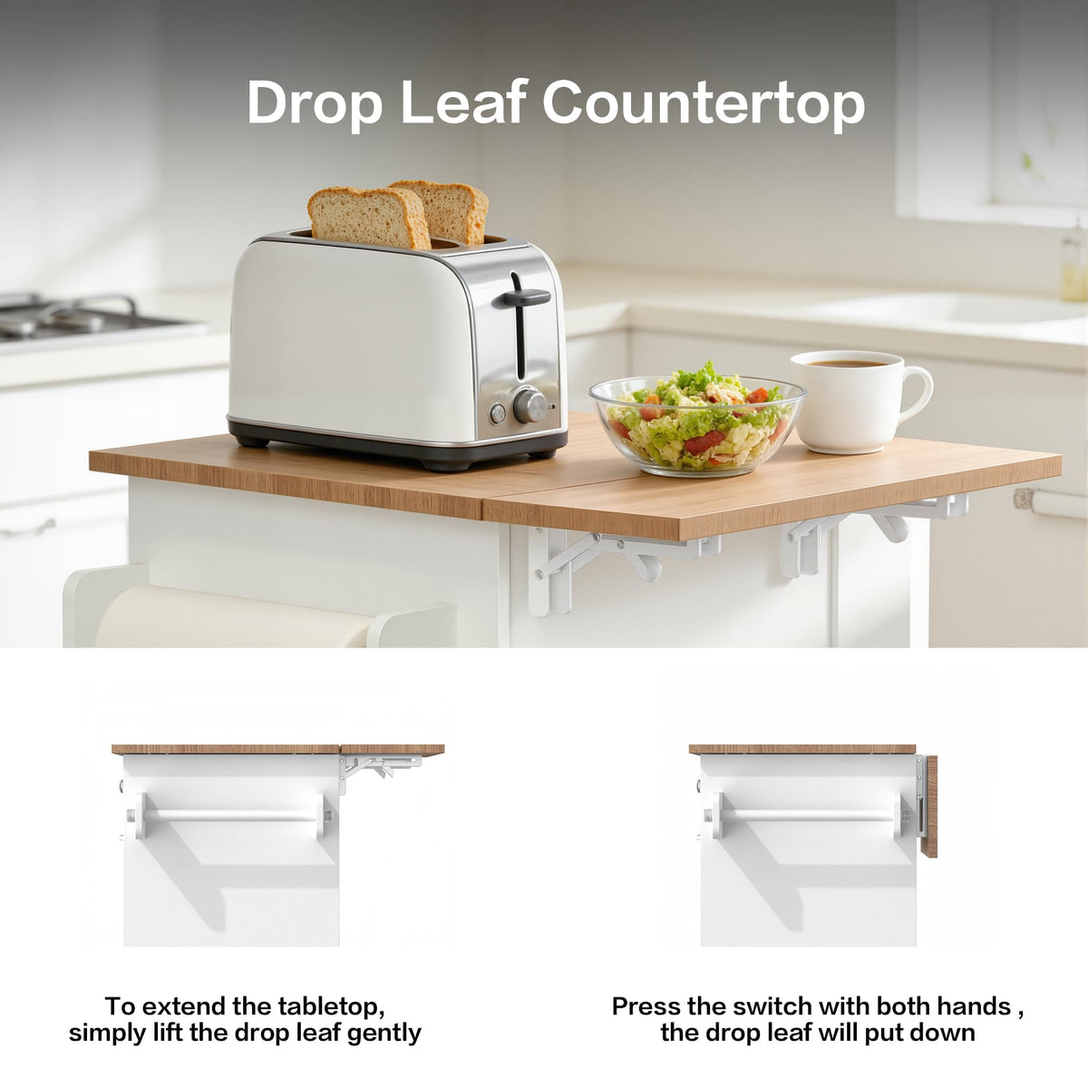 spanspace Kitchen Island with Trash Can Storage & Drop Leaf, Portable Kitchen Island on Wheels, Rolling Island Table for Kithchen