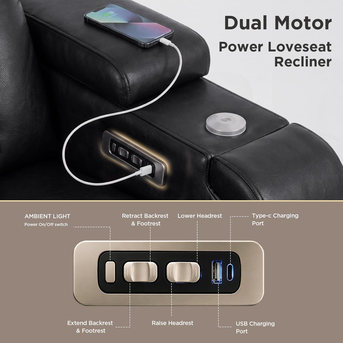 URRED Home Theater Seating Breathable Leather Power Recliner Sofa，Black