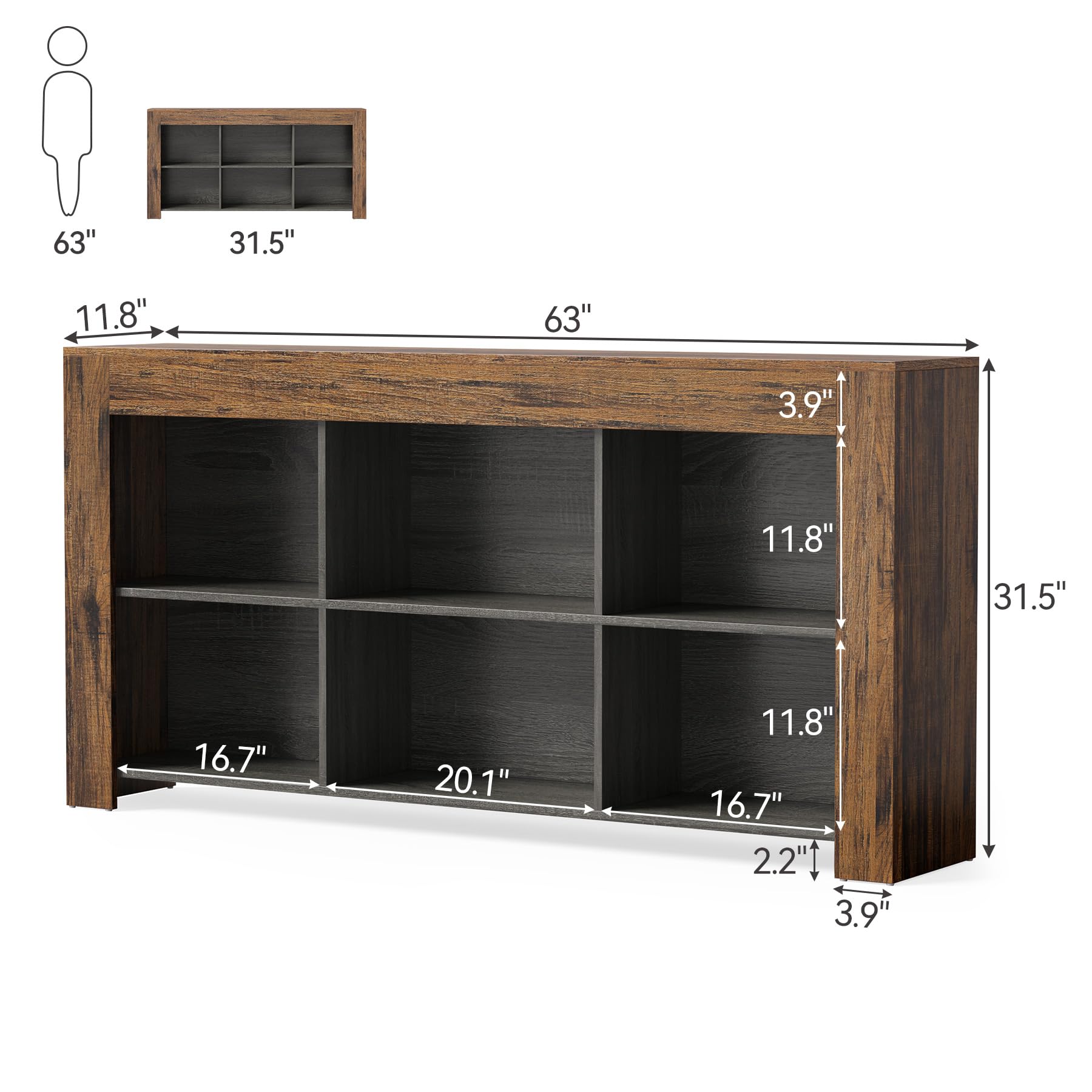 LITTLE TREE Console Table with Storage, 63-Inch Narrow Long Sofa Table, Entryway Table with 6 Cubes, Farmhouse Storage Shelves for Entryway, Living Room
