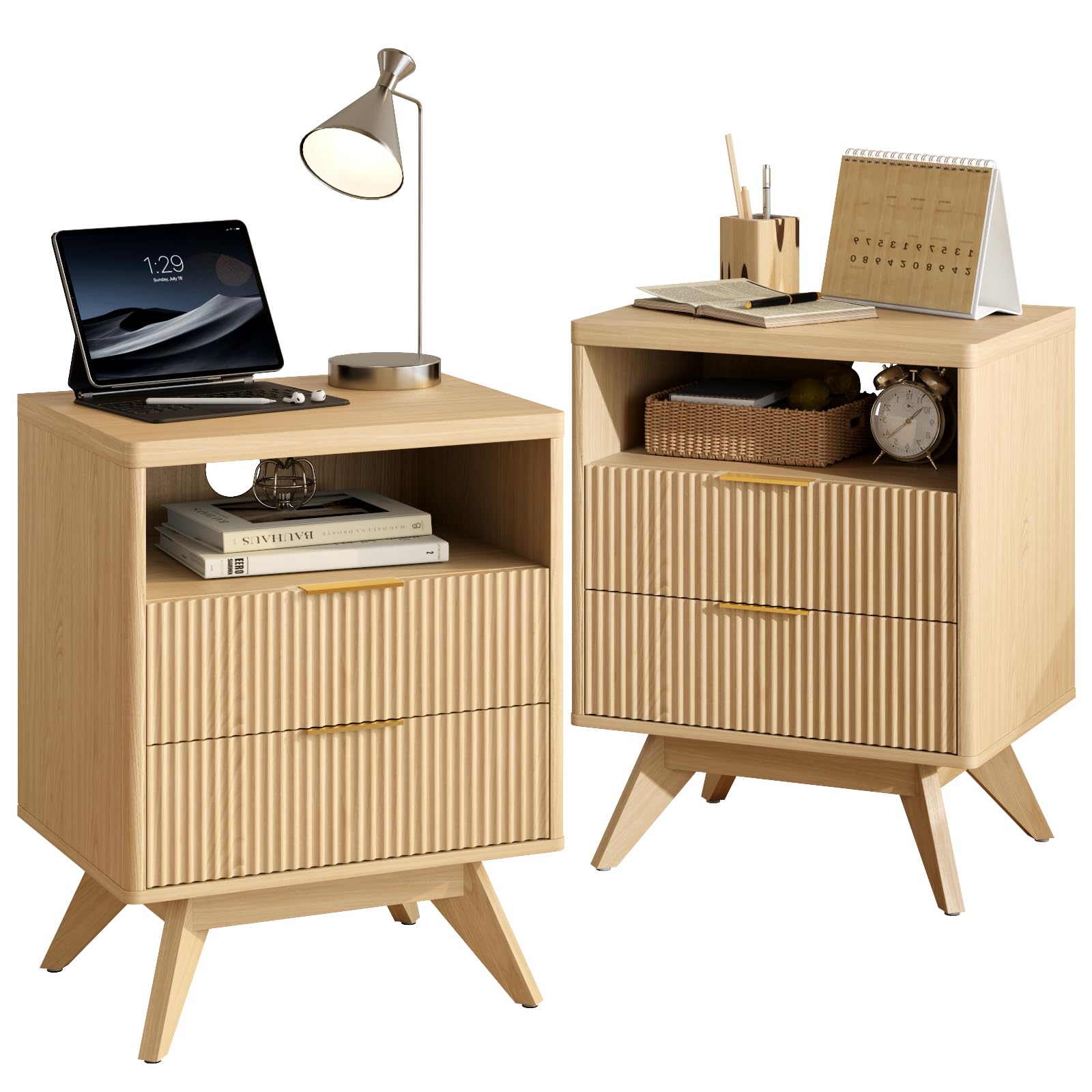 Fluted Nightstand Set of 2 with Drawer & Open Shelf