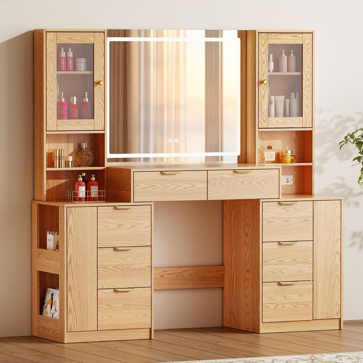 Chrangmay 55.4" Big Modern Vanity Desk with Mirror and Lights,Makeup Vanity Desk with 8 Drawers and Storage Shelves & Power Outlet,RBP Glass Cabinets, Oak