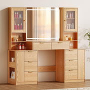 Chrangmay 55.4" Big Modern Vanity Desk with Mirror and Lights,Makeup Vanity Desk with 8 Drawers and Storage Shelves & Power Outlet,RBP Glass Cabinets, Oak