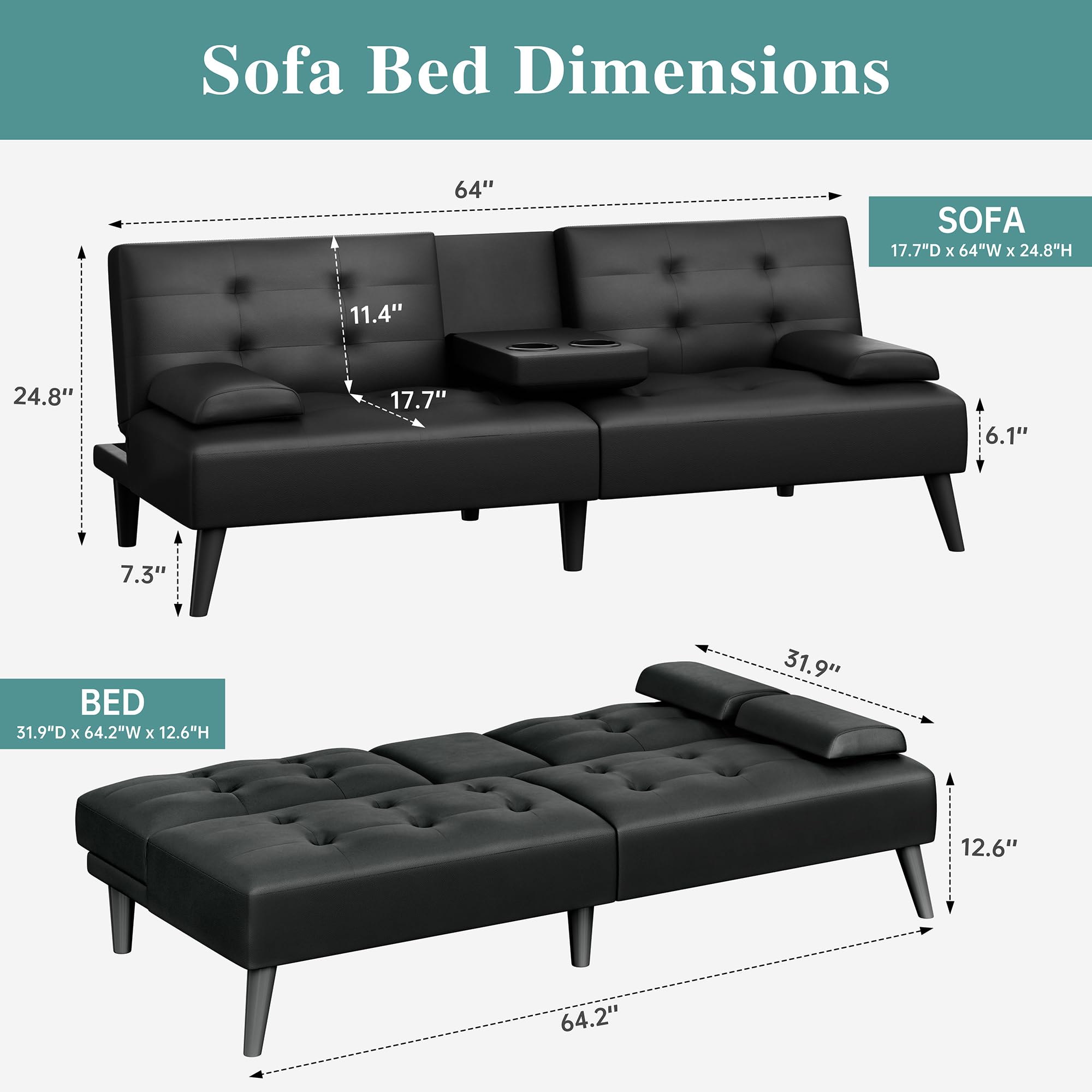 Meilocar 64" Futon Sofa Bed, Small Loveseat with 2 Cup Holders, Small Couch with 3 Adjustable Angles & Removable Armrest, Modern Sleeper Sofa for Small Space (PU Leather, Black)