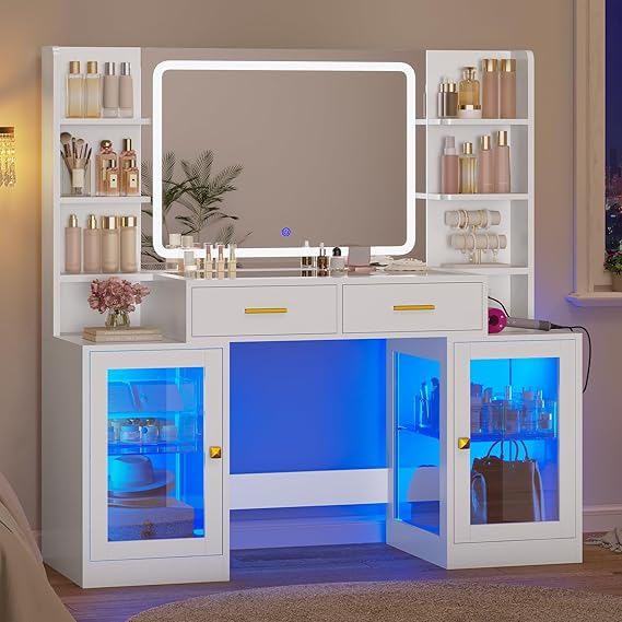 Glass Top Makeup Vanity Desk with RGB Mirror Lights & Power Outlet