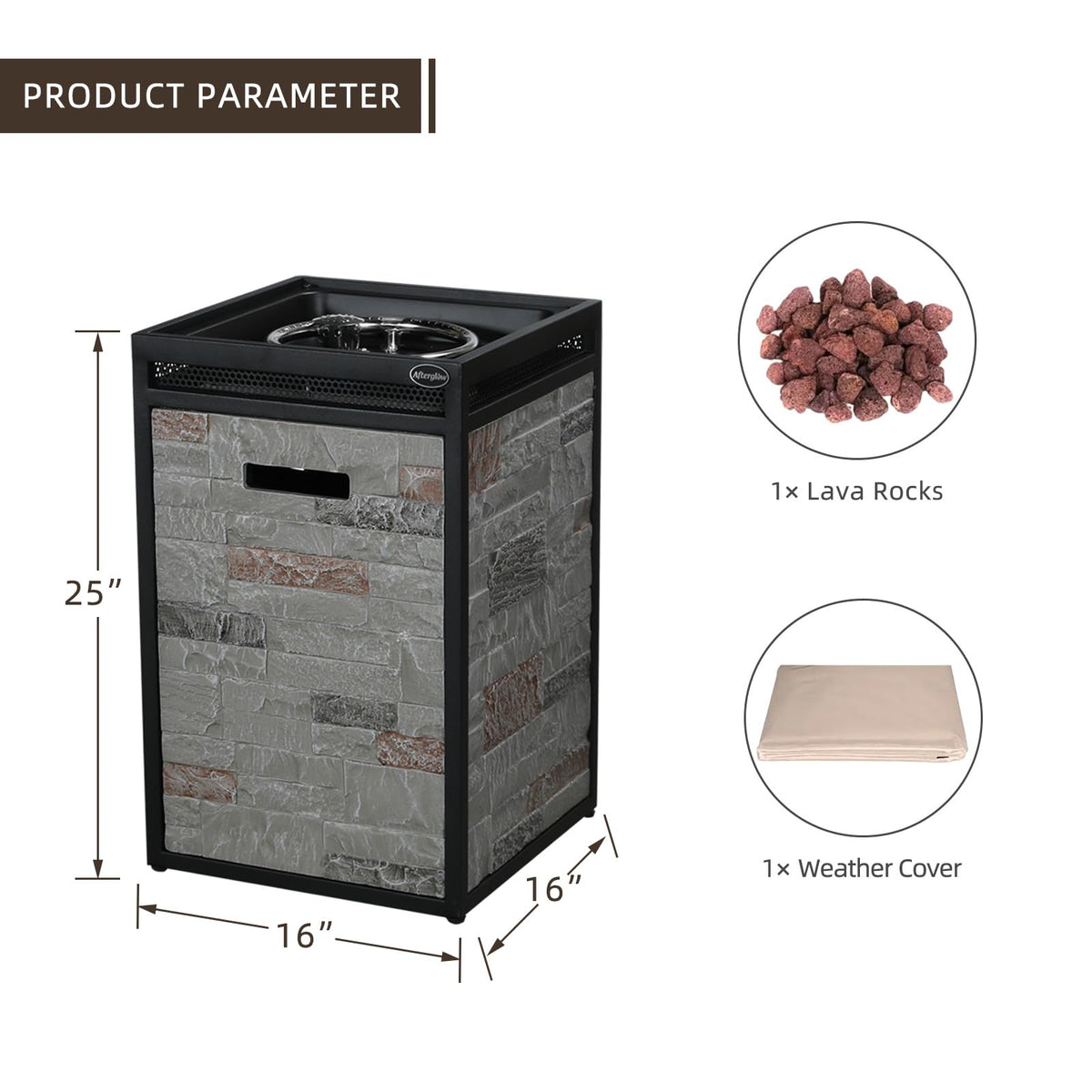 Afterglow Terrafab Grey Panels with Steel Frame 16" Square 40,000 Btu Propane Fire Column Outdoor Wood Effect Fire Pit for Outdoor Patio Garden Backyard Decking Decor