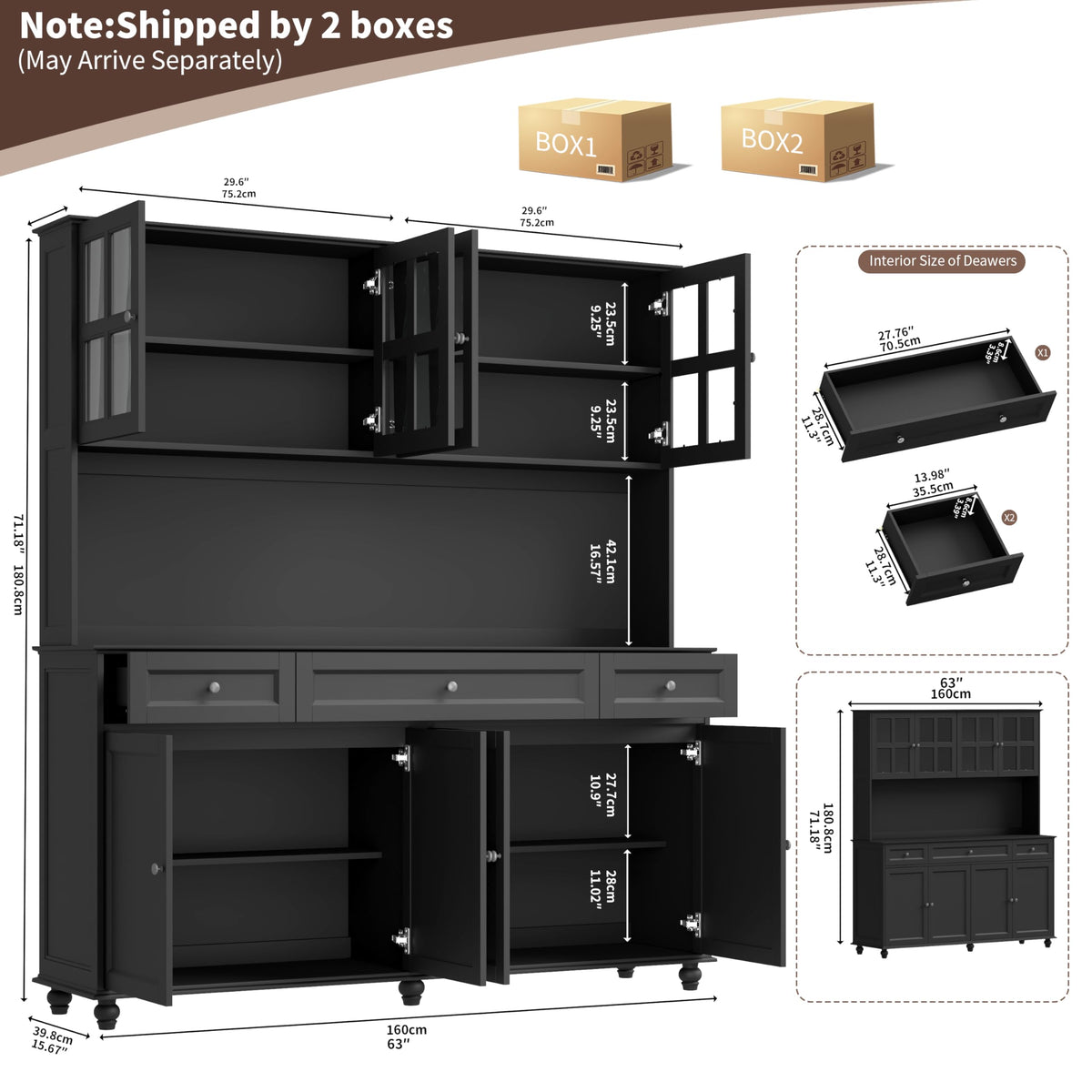 Loomie 71" Tall Kitchen Pantry Storage Cabinet, 63" Wide Kitchen Hutch Cabinet with Large Countertop, Tall Pantry with Drawers, Display Cabinets with Glass Door for Living Room