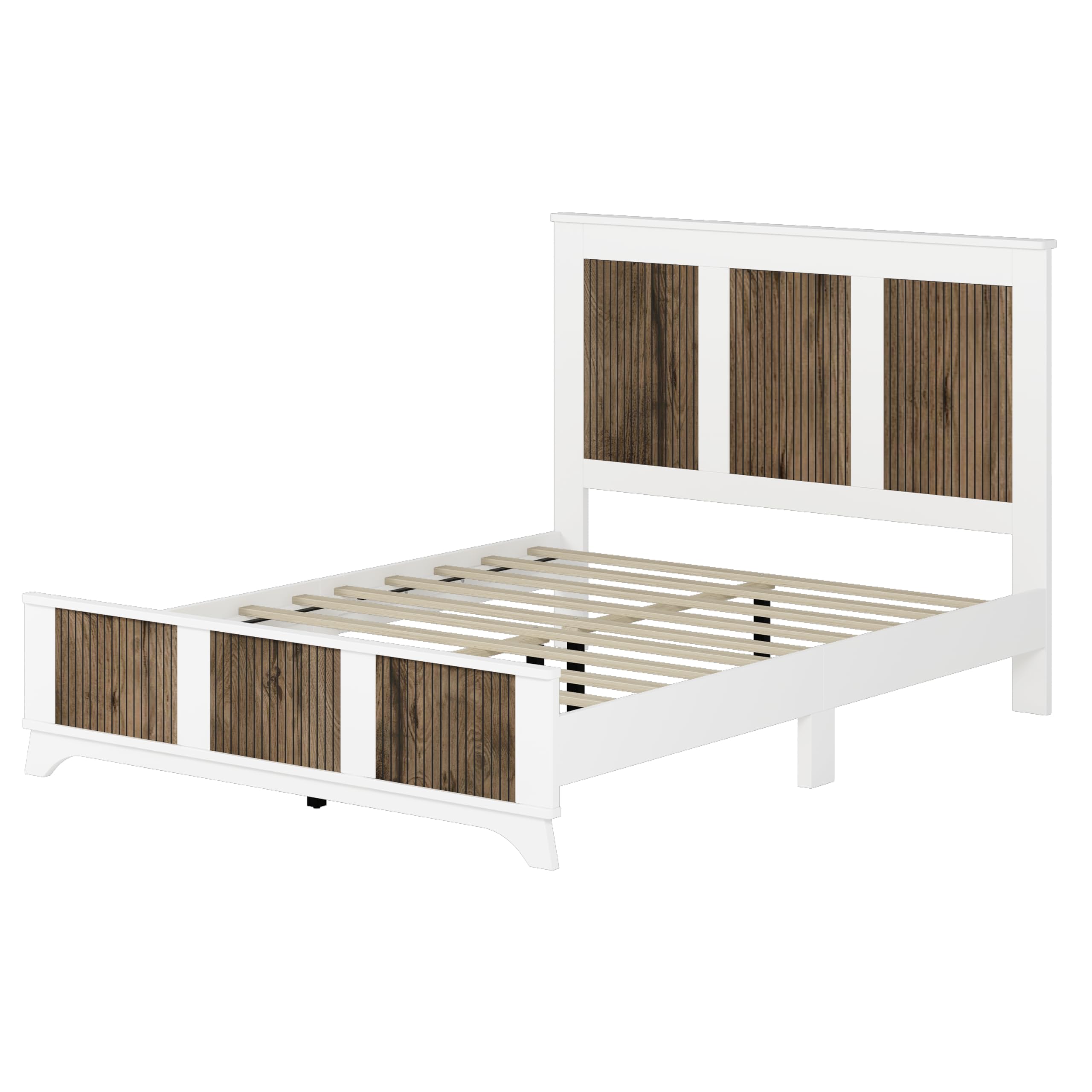 4-Pieces Queen Bedroom Sets with Wooden Strip Stickers Decoration,Wood Bed Frame with 2 Storage Nightstand 6-Drawer Dresser with Metal Handle,Farmhouse Bedroom Furniture Set,White