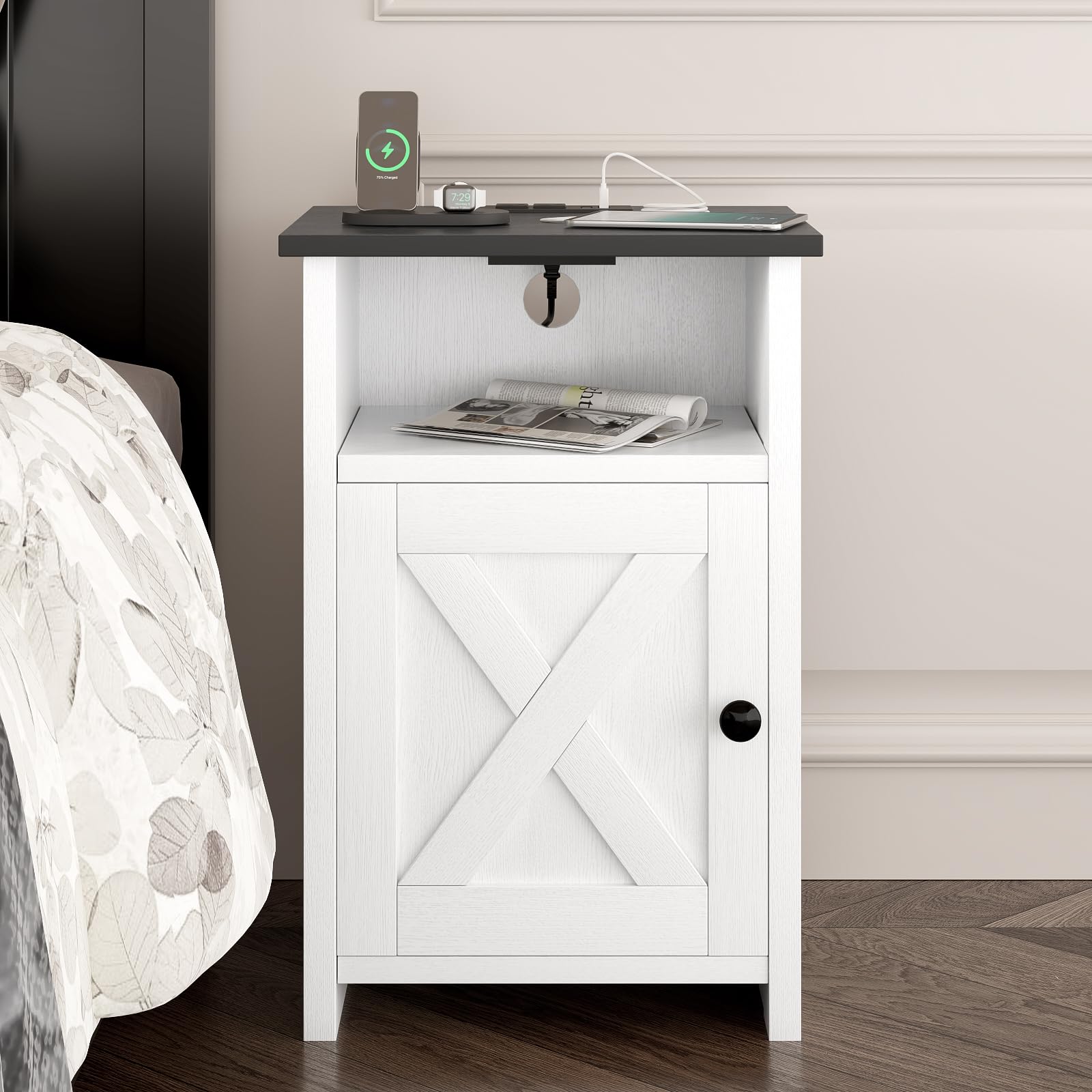 AURINEST Farmhouse End Table Set of 2 w/Charging Station, Nightstands w/Barn Door&Storage Shelf, Rustic Bedside Table for Living Room, Bedroom, Entryway, Office, Small Spaces, White