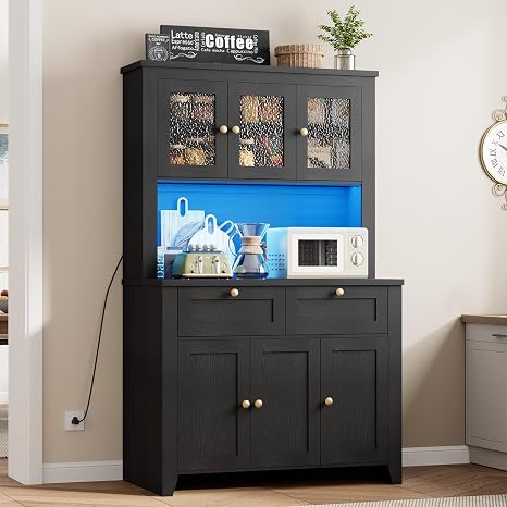 66" Tall Kitchen Pantry Cabinet with LED Light & Power Outlet