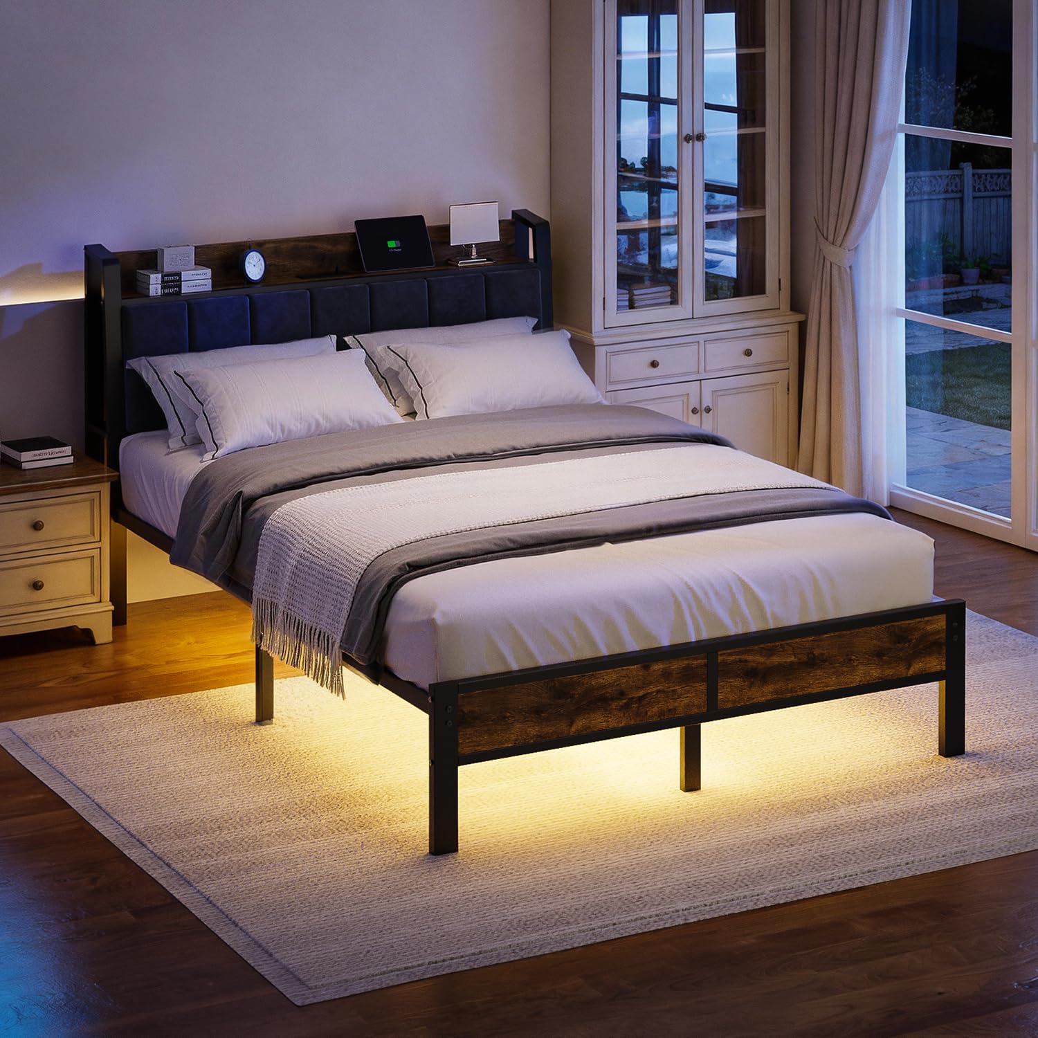 Platform Bed Frame with Charging Headboard, RGB LED Lights & Metal Slats