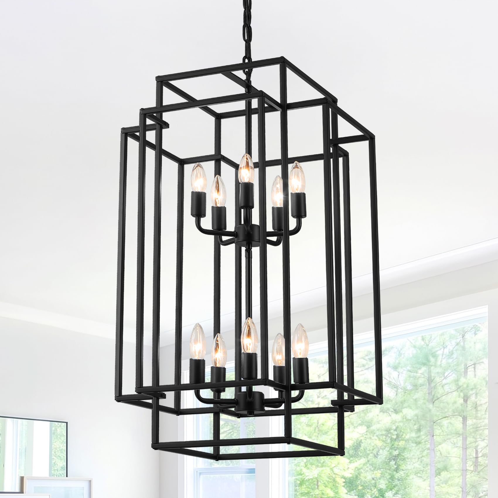 Xuridongsheng Large Lantern Chandelier for Entryway Foyer, 2-Tier Matte Black Cage Chandelier, 10-Light Hanging Light Fixture for High Ceiling Staircase Living Room